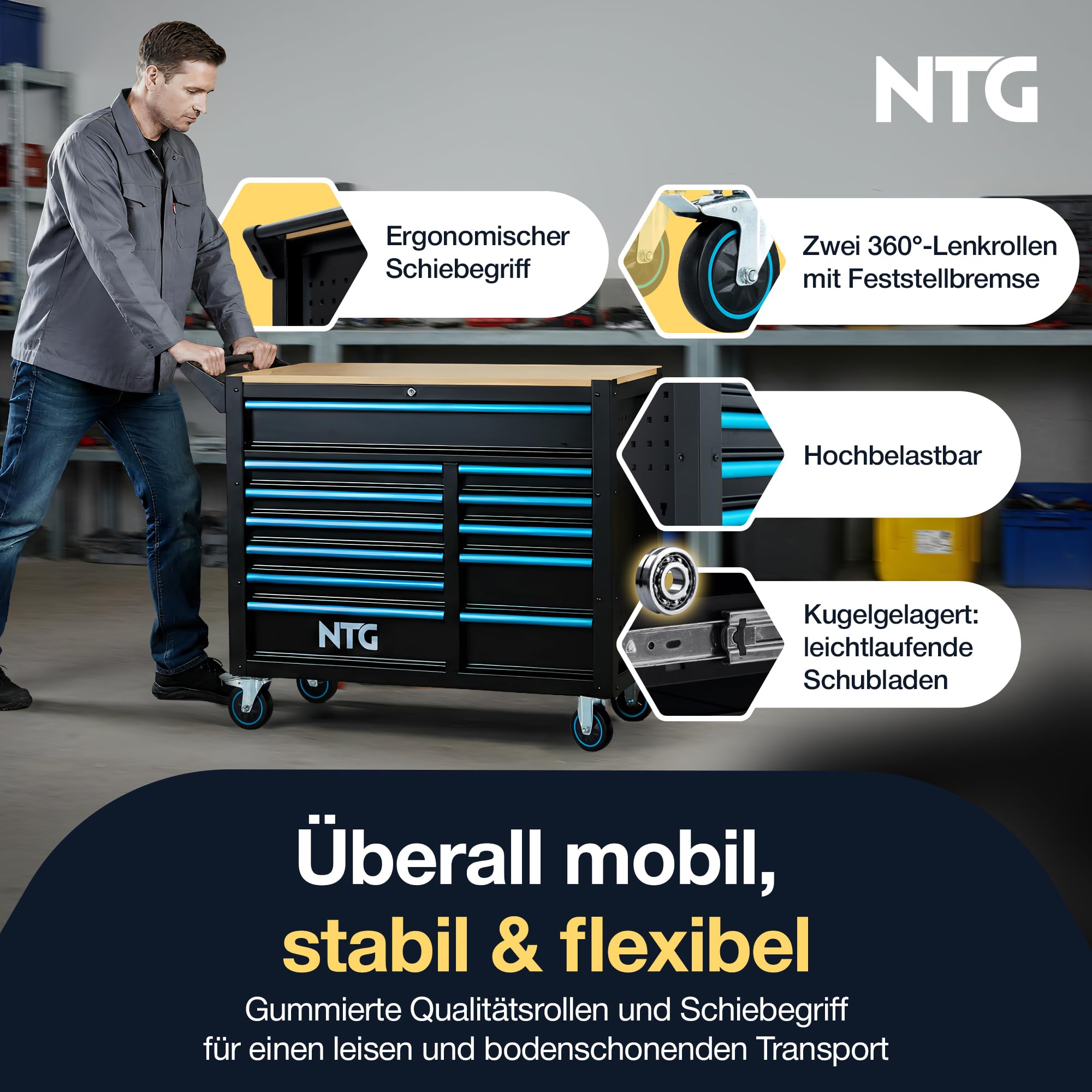 NTG Werkzeugwagen XXL – 471-tlg. bestückt – 12 Schubladen mit Holzarbeitsplatte, abschließbar, mobil auf Rollen – Profi Werkstattwagen aus Metall für Garage & Werkstatt