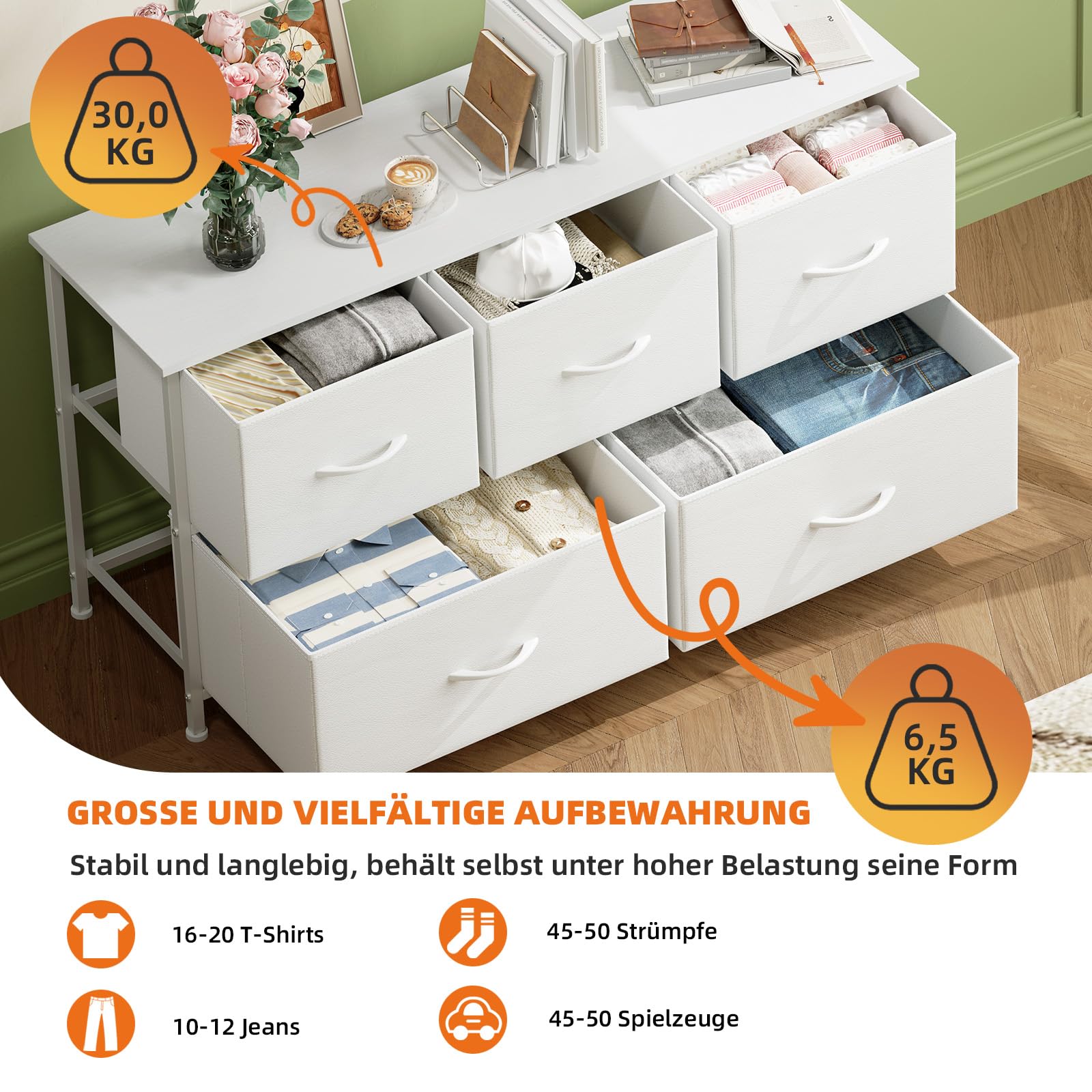 Somdot Kommode mit Schubladen, Stoffkommode, Kommode für Schlafzimmer Wohnzimmer Flur, Komodenschrank Schubladenschrank Aufbewahrungsschrank, 5 Stoffschubladen, Weiß
