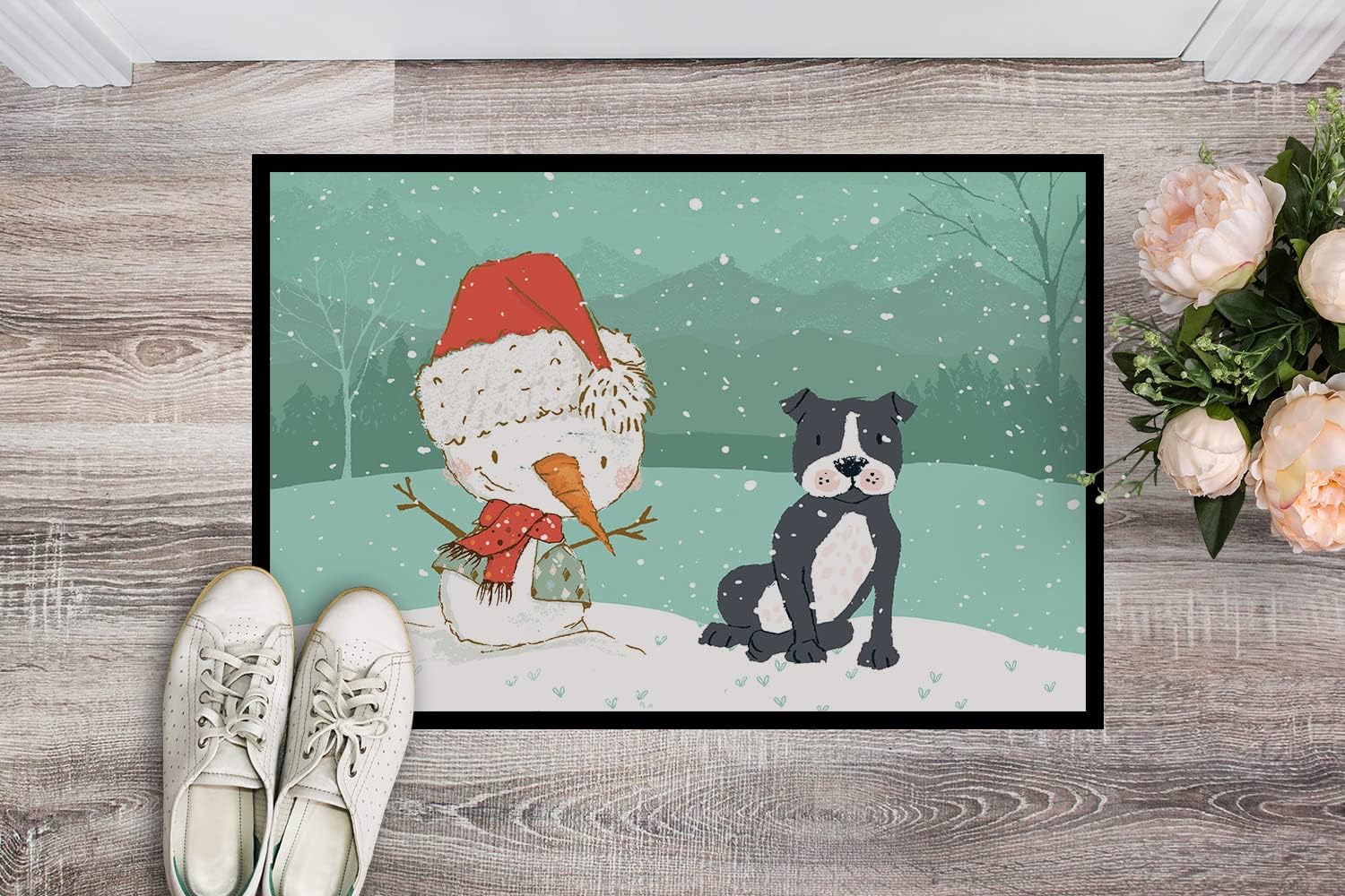 Caroline's Treasures CK2075MAT Black Staffie Snowman Christmas Doormat 18x27 Front Door Mat Indoor Outdoor Rugs for Entryway, Non Slip Washable Low Pile, 18H X 27W