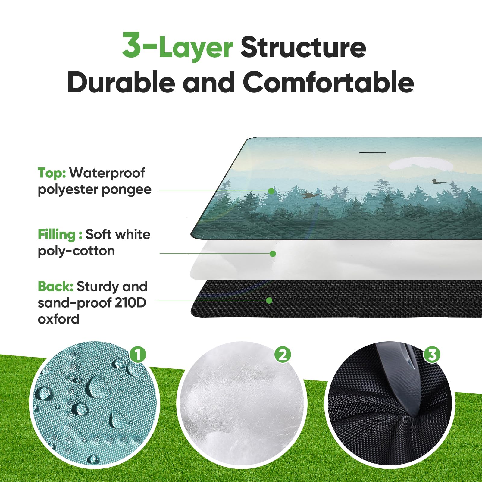 Couverture de pique-nique isolée - 200 x 200 cm - XXL - Imperméable - Oxford 210D - Ultra légère - Avec poignée de transport - Couverture d'extérieur pour 6 à 8 personnes - Forêt