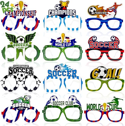 Joyvorite 24 piezas de regalos de fiesta de fútbol, gafas de papel de fútbol para cabina de fotos de fútbol, accesorios para fiestas de fútbol para