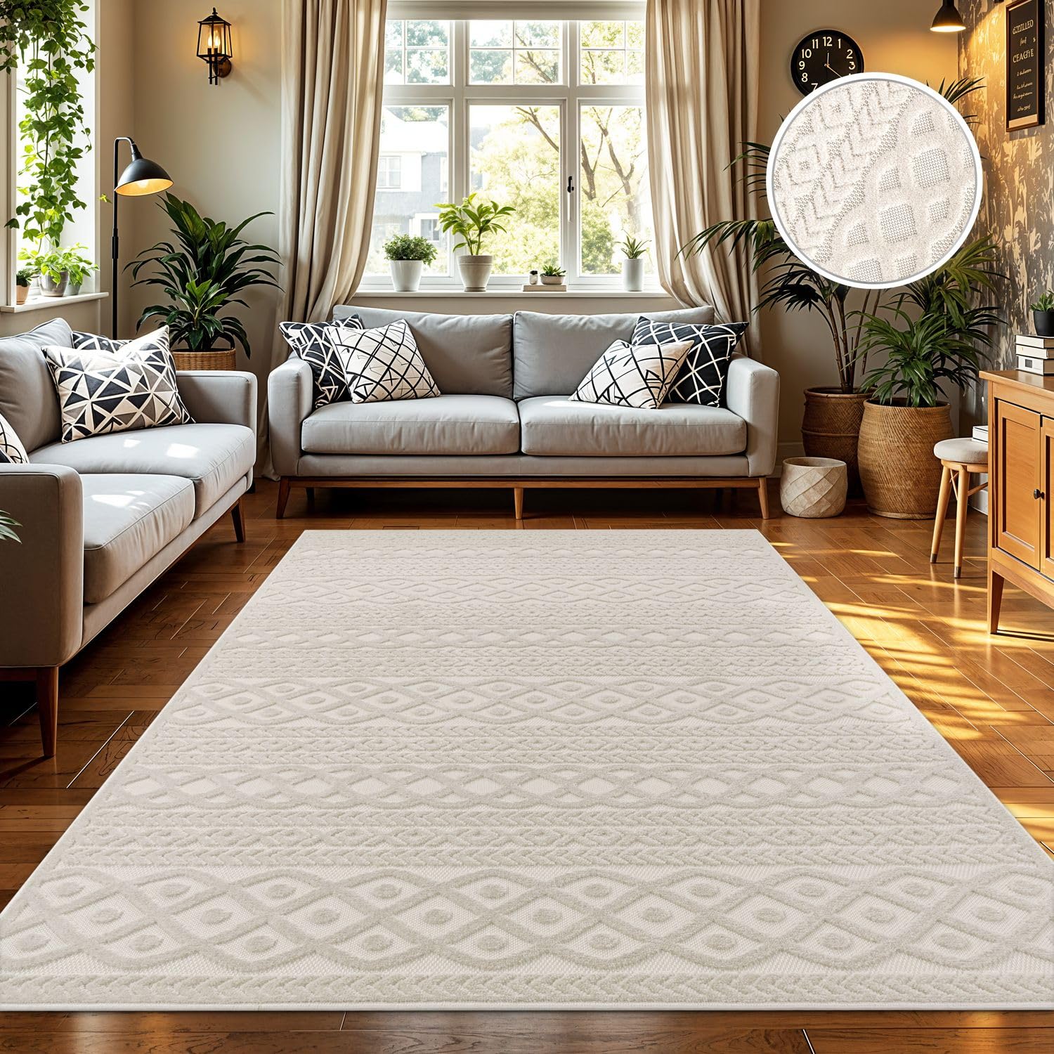 TT Home Tapis D'Intérieur Et D'Extérieur Résistant Aux Intempéries Balcon Chambre À Coucher Motif Boho Skandi Aspect Géométrique, Couleur:Crème 4, Dimension:160x230 cm
