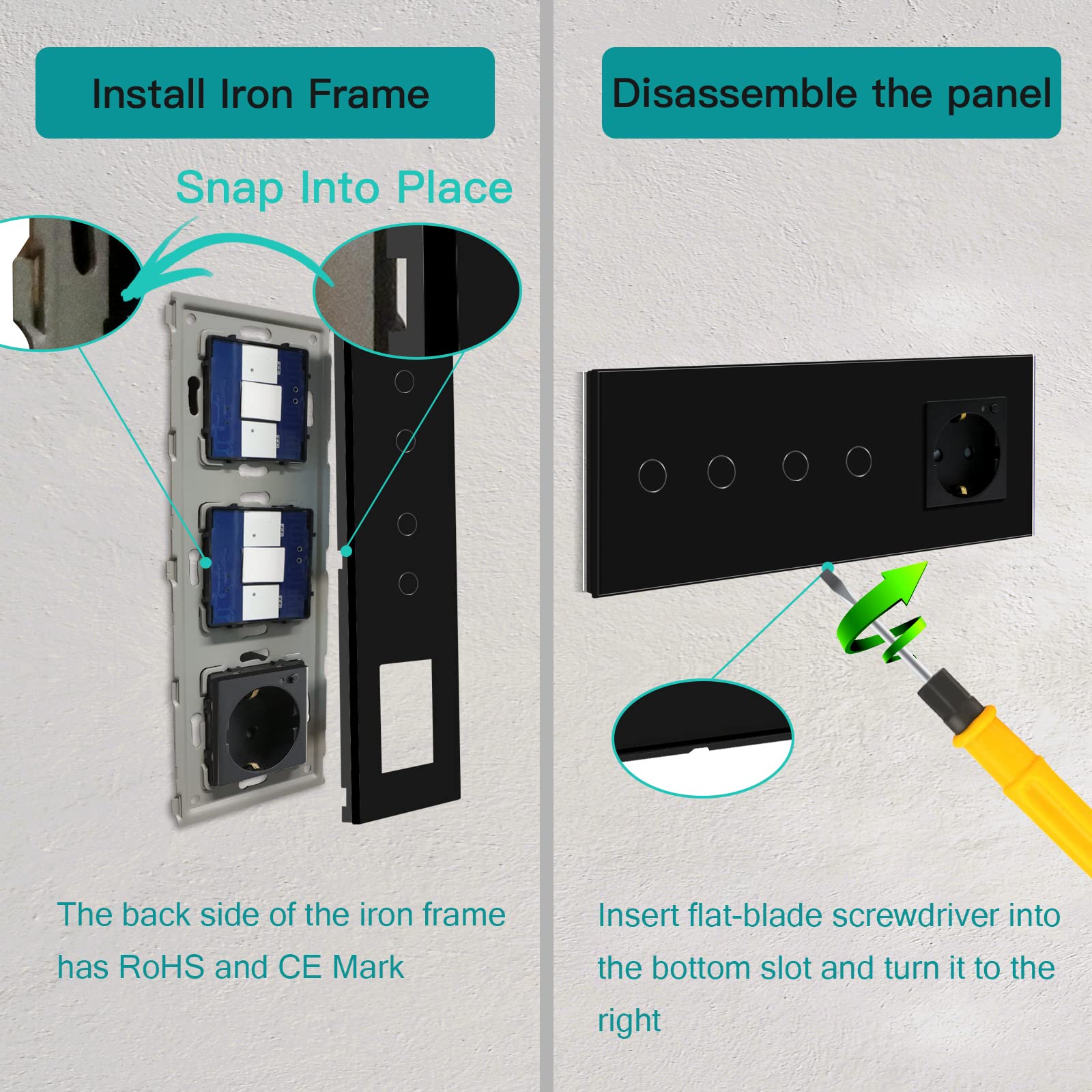 BSEED Schuko WLAN Steckdose mit Single Live Wifi Touch Schalter Wandsteckdose Unterputz Senkrecht aus Glas mit Doppelt Smart Alexa Lichtschalter(Kein Neutralleiter Erforderlich) 2 Fach 1 Weg Schwarz