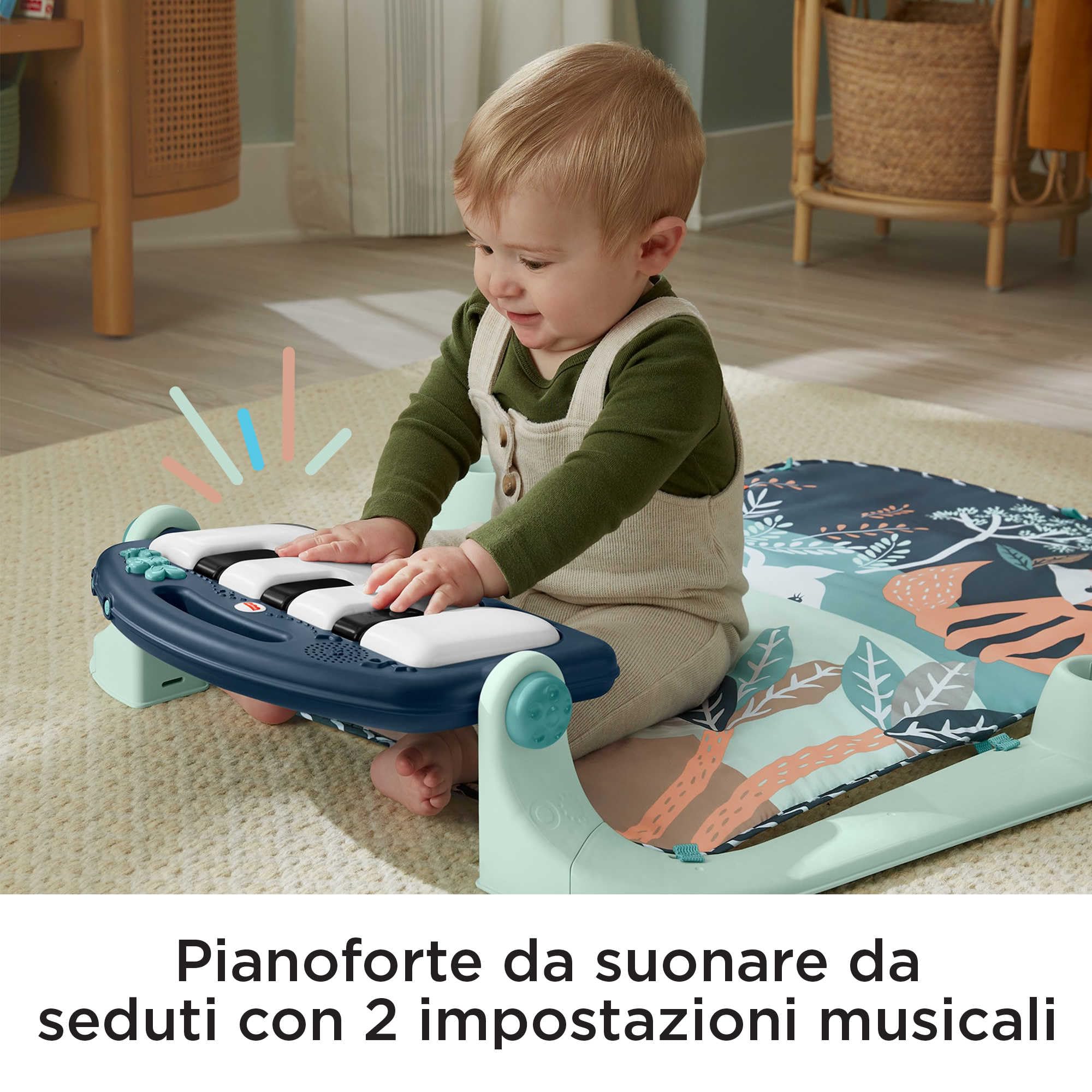 Fisher-Price - Palestrina Baby Piano 4 in 1, tappetino con pianoforte musicale e giocattoli per il gioco distesi sul pancino, cerbiatto blu [esclusiva Amazon], giocattolo per bambini 0+ Mesi, HKX37
