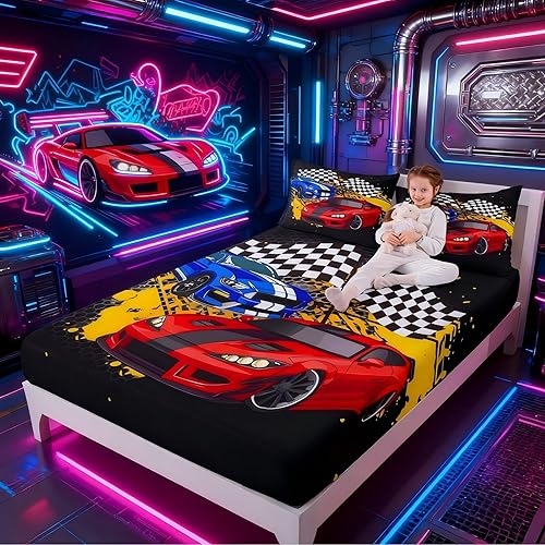 Cool - Sábana bajera ajustable para auto de carreras de velocidad con estampado de cuadrícula en blanco y negro, ropa de cama de tela decorativa