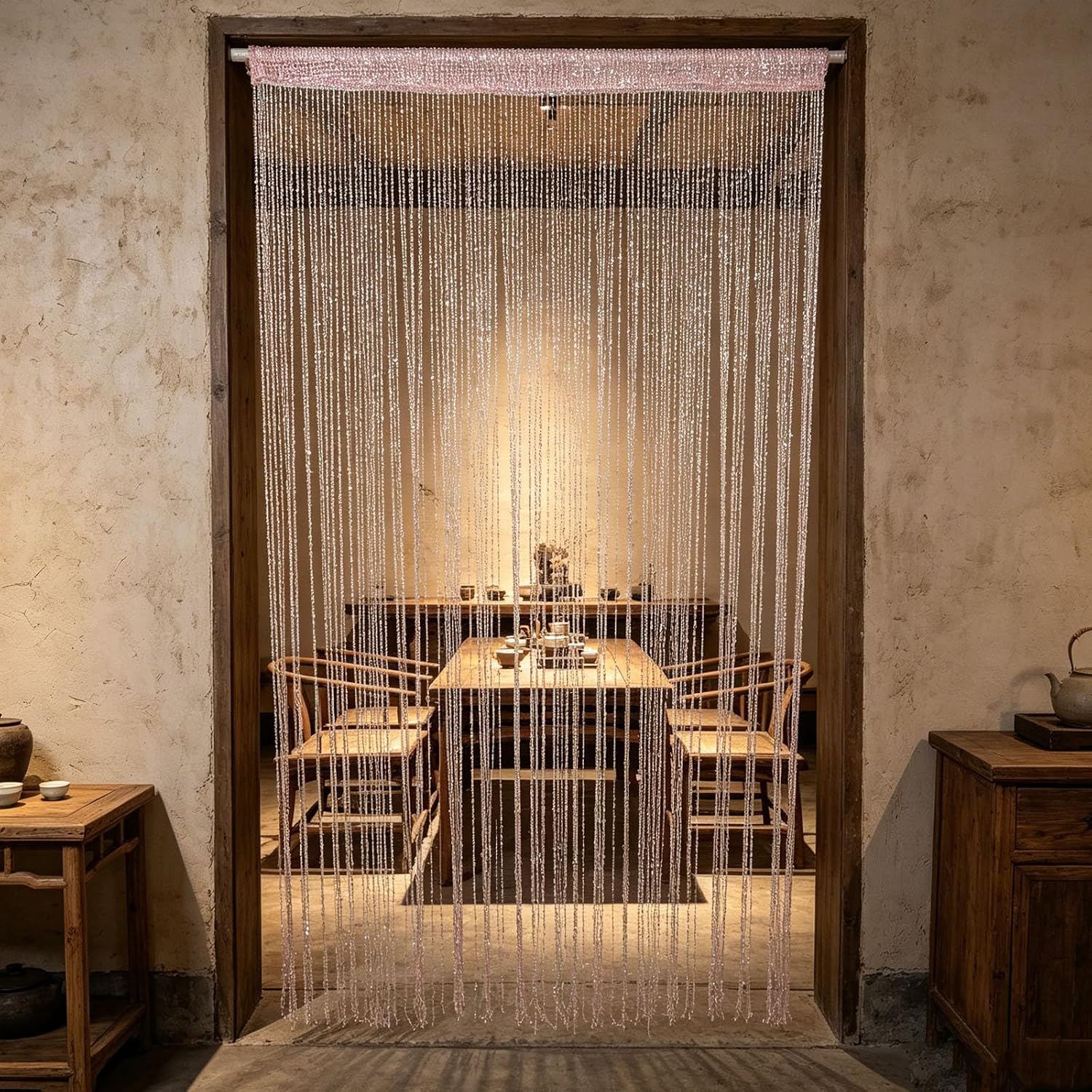 Pink Beaded Curtain Window Room Divider Blind with Sparkling Tassels, 78.74x39.37 Inch Polyester Partition Curtain for Closet Privacy and Concealing Clutter, No Drilling