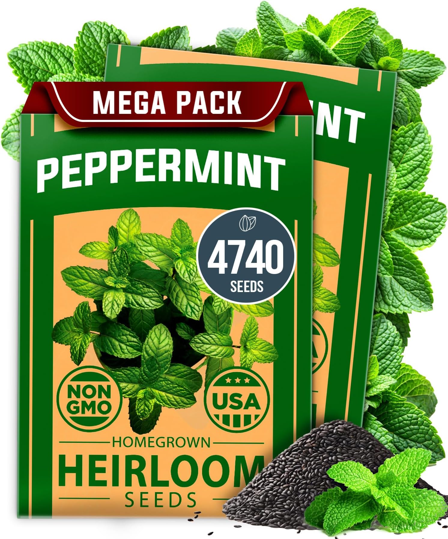 HOME GROWN Peppermint Seeds 2 Pack (Mentha x piperita) 4,740 Heirloom Mint Seeds for Planting Grow Indoors or Outdoors, Kitchen Herb Garden Favorite