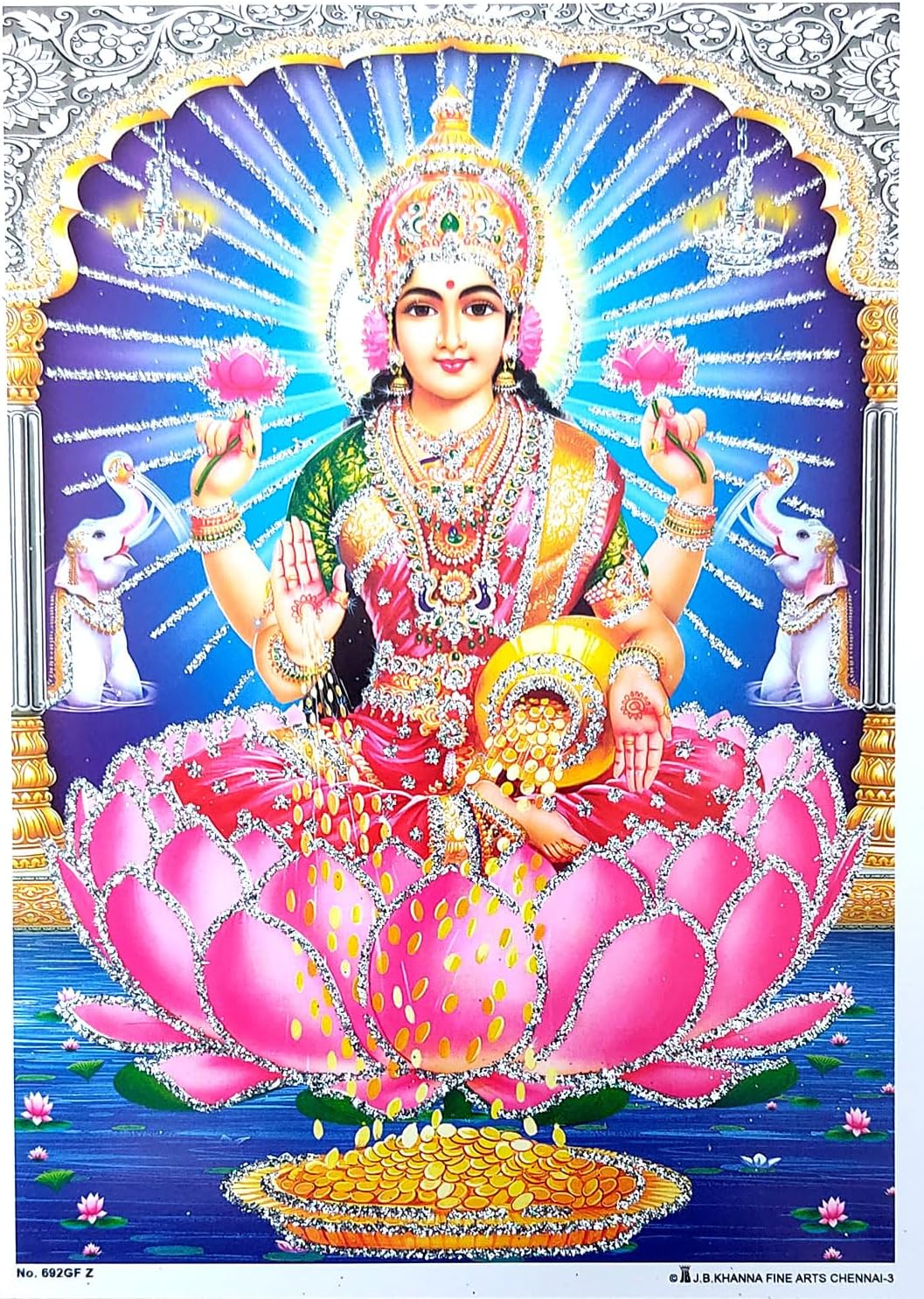 Crafts of India Goddess Laxmi Poster/Lakshmi Hindu Goddess Picture with Golden Foil (Unframed : Size 5"X7" inches)