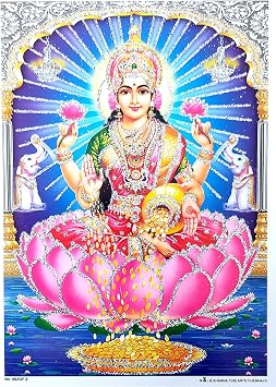 Crafts of India Goddess Laxmi Poster/Lakshmi Hindu Goddess Picture with Golden Foil Unframed Size 5"X7" inches