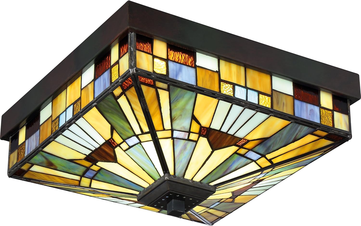 Quoizel TFIK1614VA Inglenook Interior Lighting Tiffany Style Classic Geometric Handcrafted Multicolor Art Glass Flush Mount Ceiling Light, 3-Light 180 Total Watts, 7" H x 14" W, Valiant Bronze