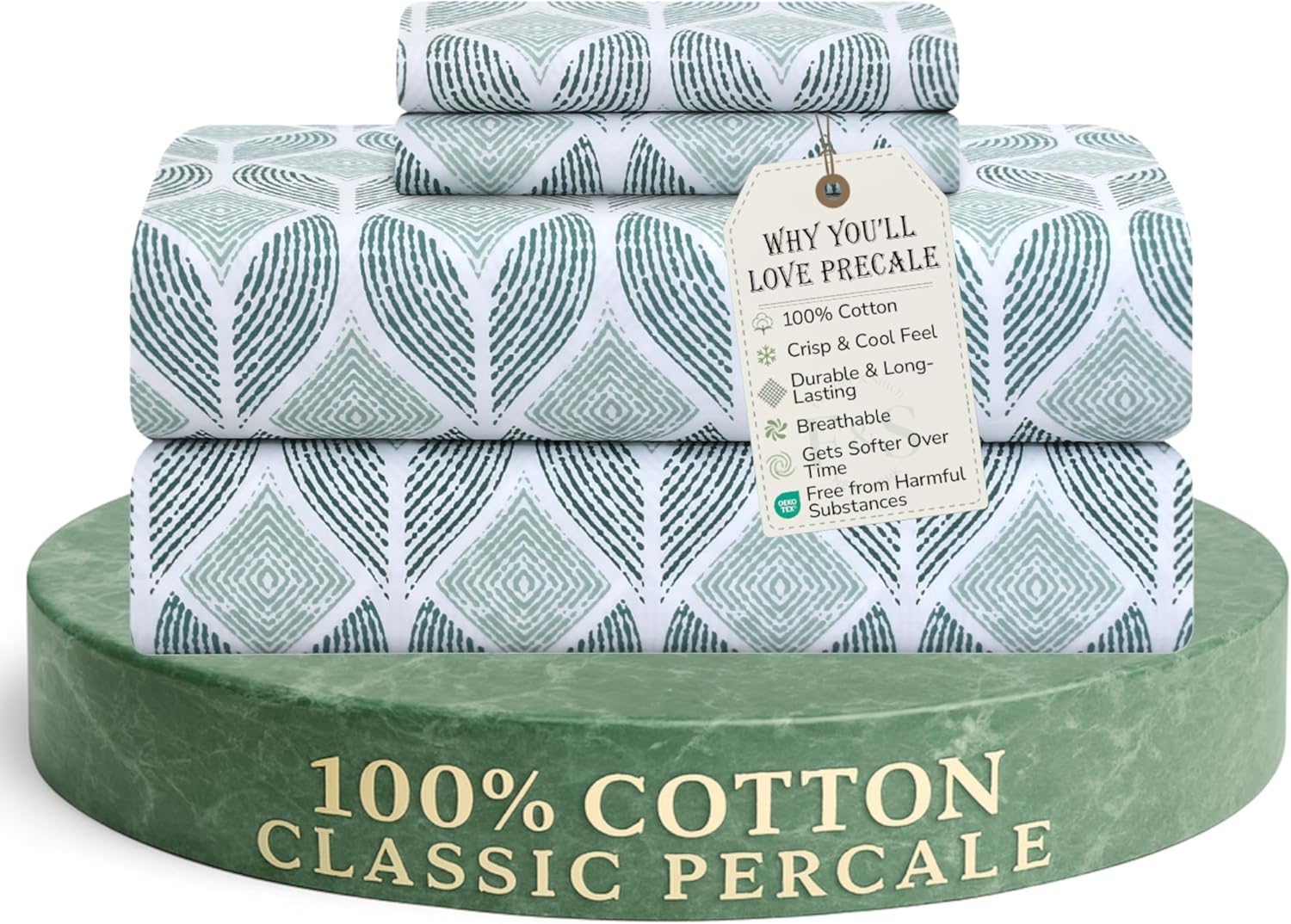 Feather & Stitch Softest 100% Cotton Sheets, 300 Thread Count Percale Weave Bedding, 16" Deep Pocket, Cooling Sheets, Breathable Bed Set, Hotel Premium Quality (Queen, White)