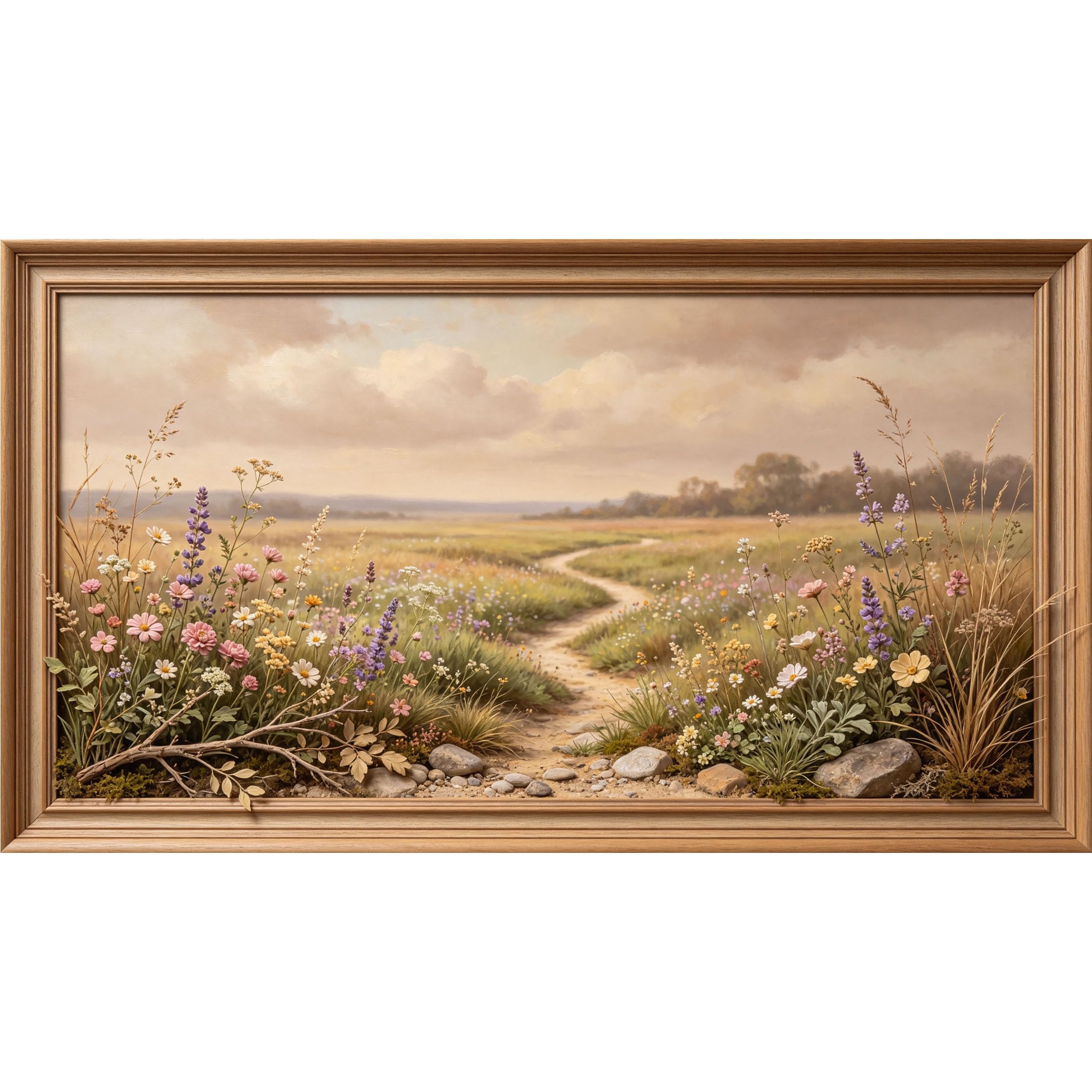 QZLITHOTIC 50×100cm 3D Framed Wall Art， Botanical Meadow Landscape Pathway Self?Adhesive Mural， Water?Activated Peel & Stick Fabric Decor Wall Decal for Bedroom Living Room