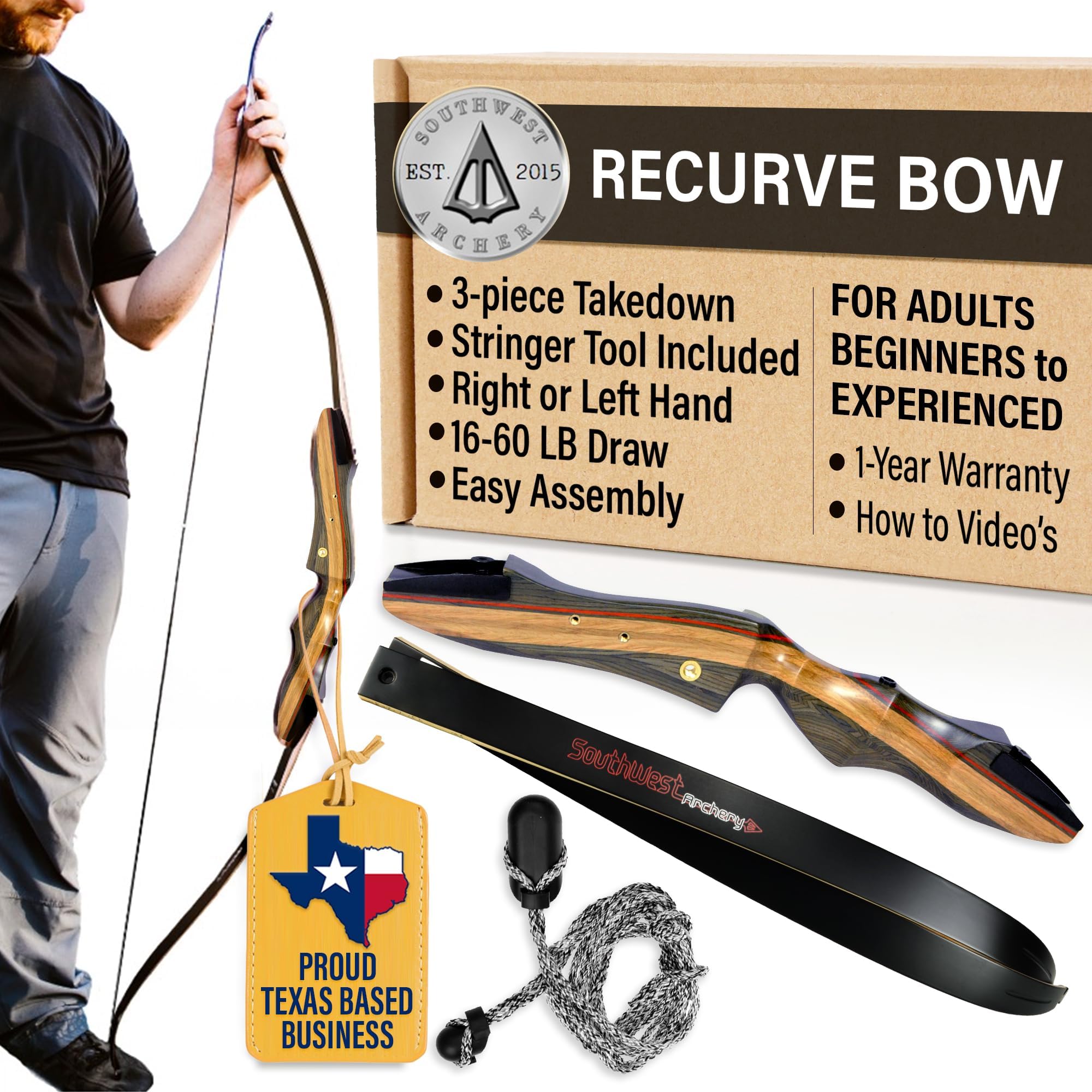 Spyder Takedown Recurve Bow - 62"-64" Hunting & Target Bow - Fast, Accurate, Versatile Handcrafted Riser - Fiber Glass Maple Limbs - 20-60lb Draw - Beginner to Intermediate