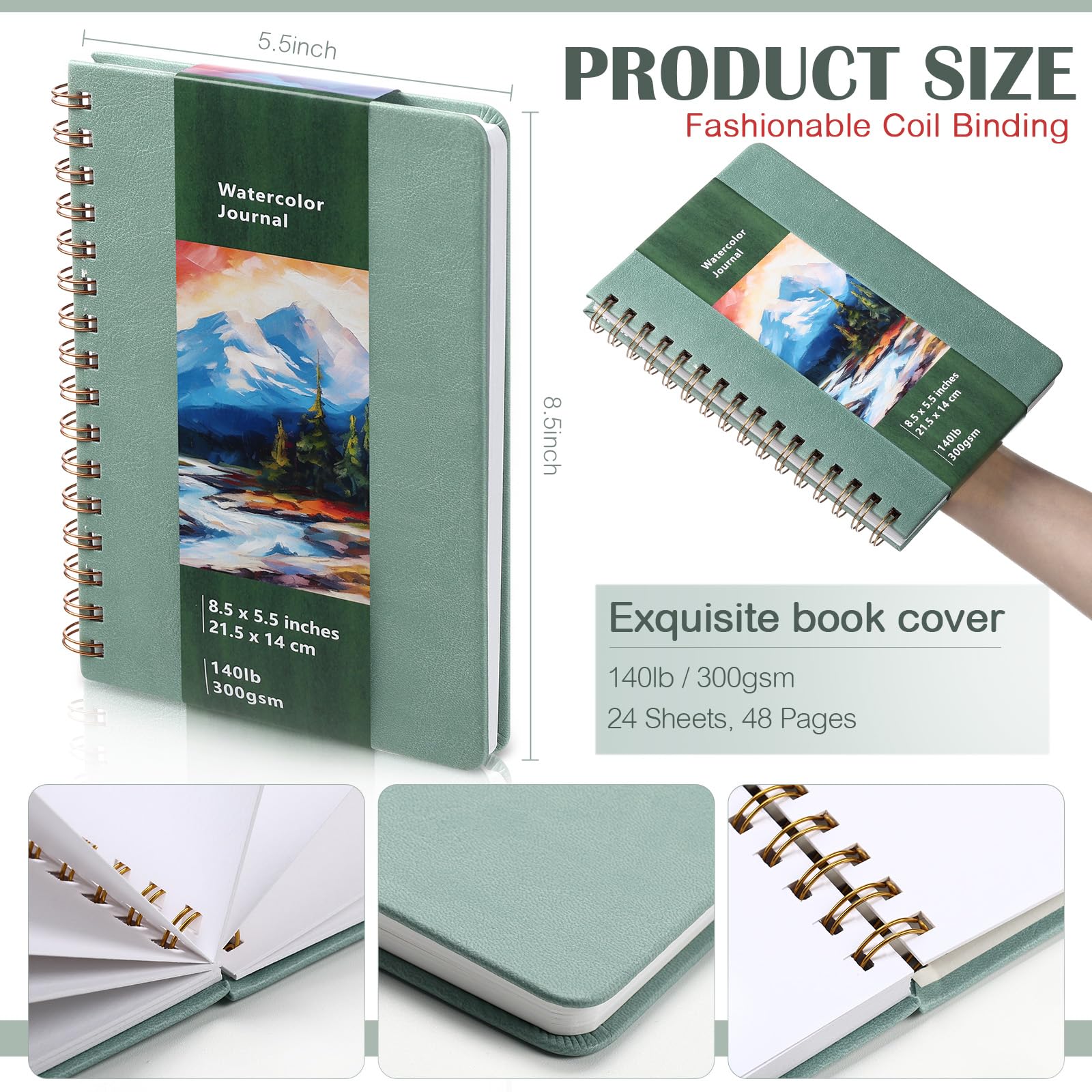 Dispowreath 1 quaderno per schizzi in pelle ad acquerello, 22,5 x 14,9 cm, 63,5 kg, 300 g/m², cotone, stampa a freddo, 24 fogli, 48 pagine blocchi di carta (verde salvia, stile bobina)