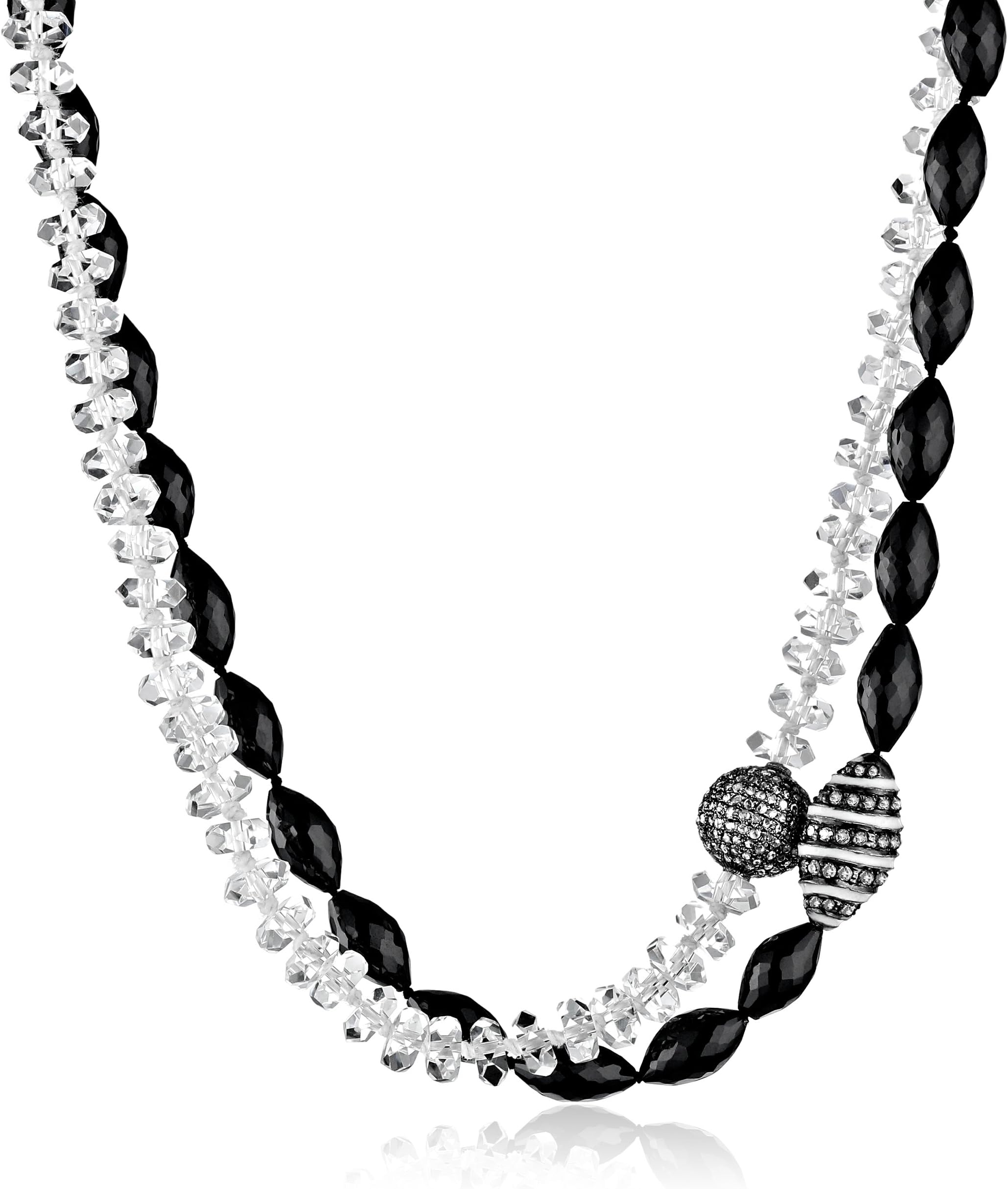"Thaleia" Black Spinel, Silver Enamel Bead, Pave Diamond Ball Necklace