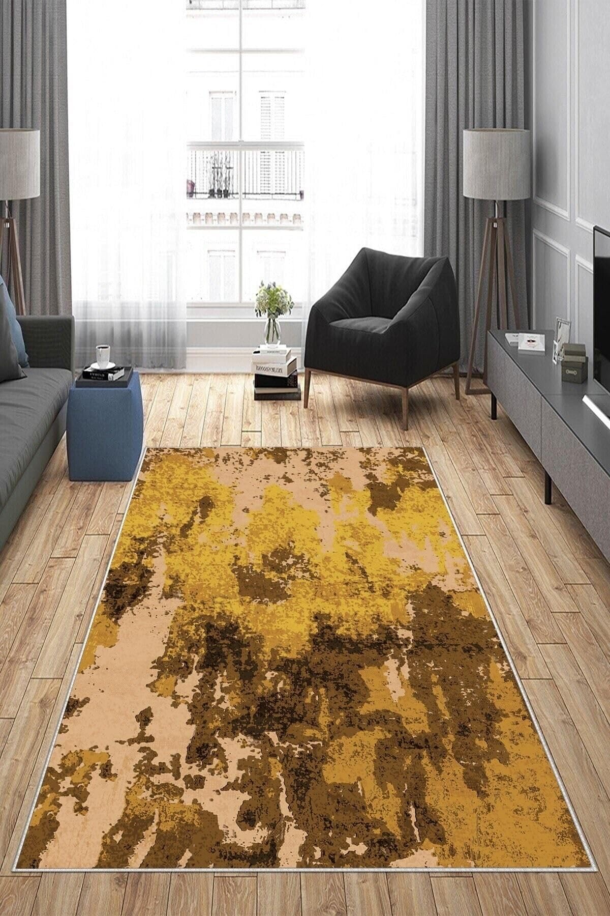 Pelangi Sarı Renkli Kum Desenli Yıkanabilir Kaymaz Taban Leke Tutmaz Modern Salon Halısı Ve Yolluk, Sarı-Taba 100 x 200, 135818710020005