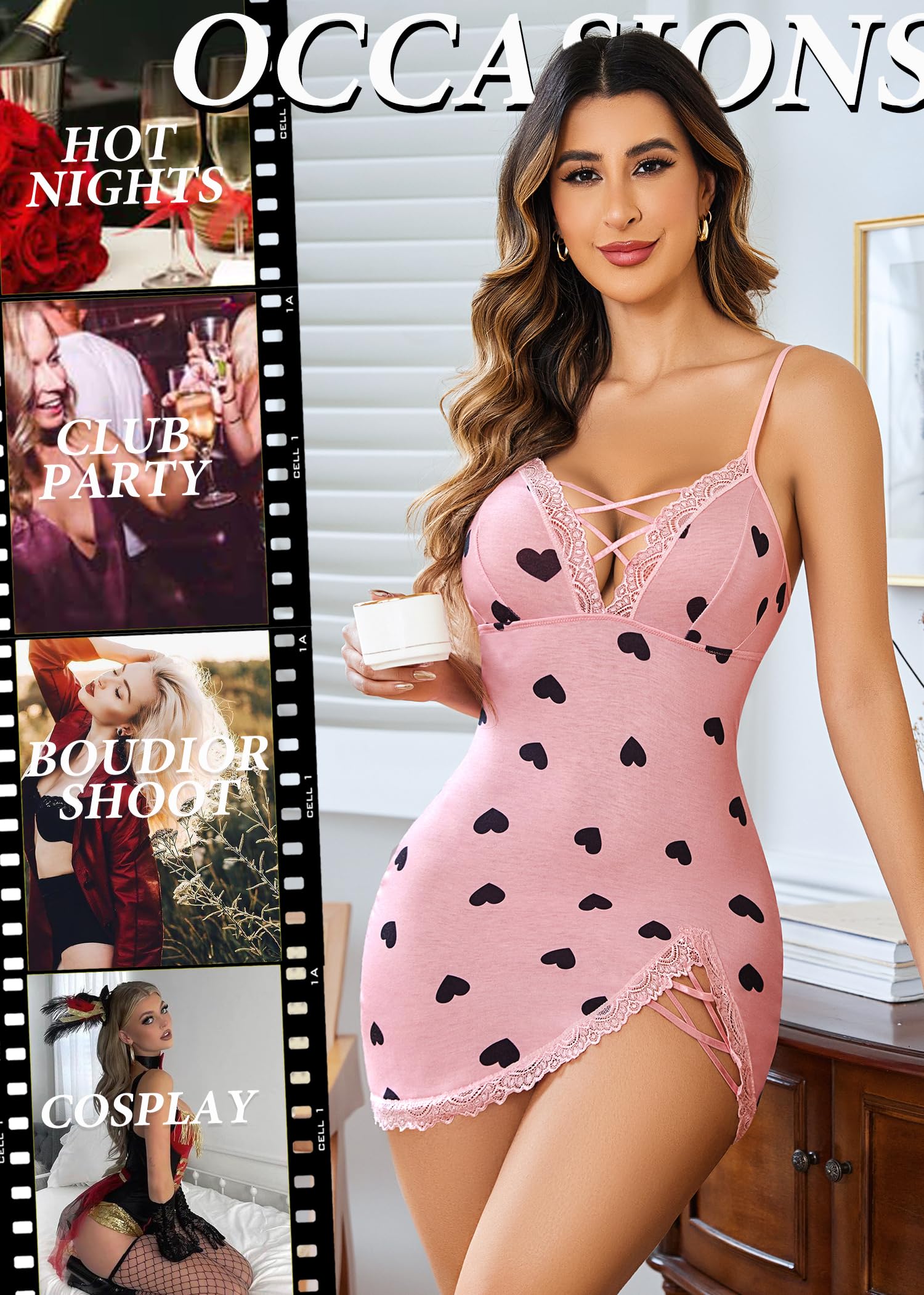 Avidlove Women Sexy Nightgown Lace Babydoll Chemises V-Neck Modal Sleepwear Full Slip Side Slit Sleep Dress XS-XXL: X-Small Love Heart