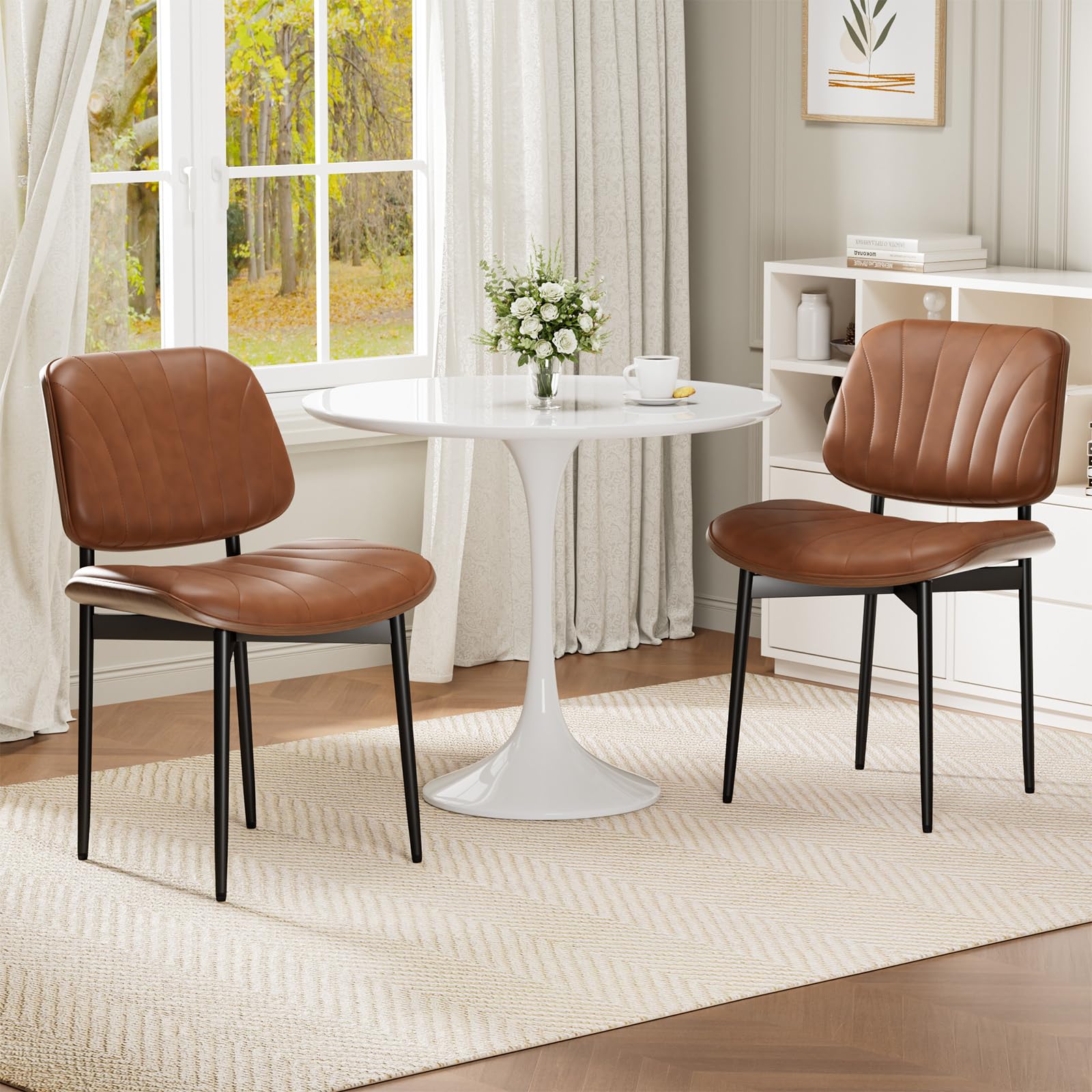 REONEY Dining Chairs Set of 2, Mid-Century Modern Upholstered PU Leather Chairs with Walnut Bentwood Back and Metal Legs Adjustable Feet for Kitchen
