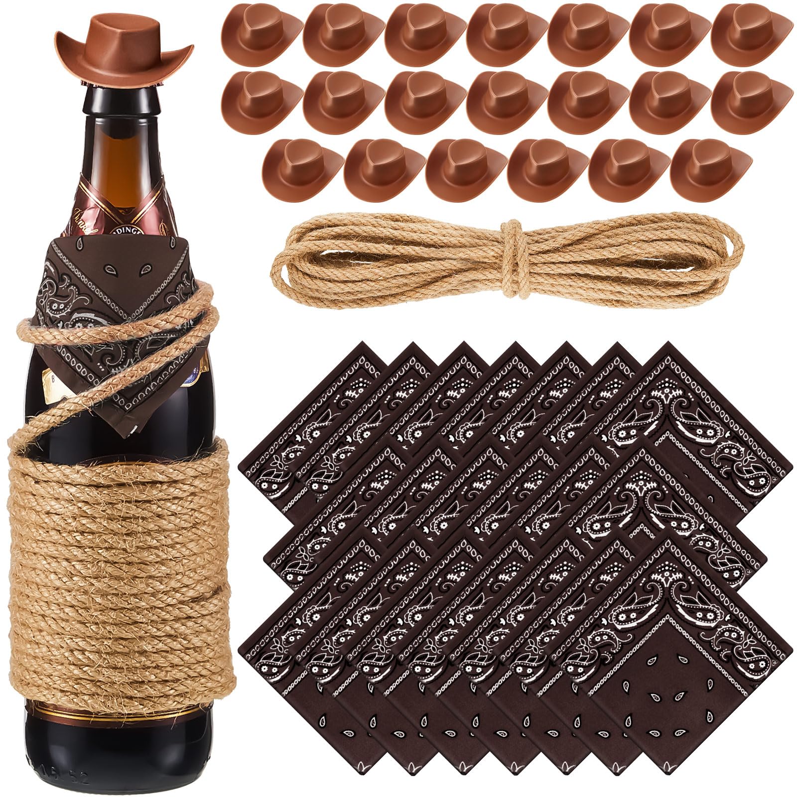 Leitee 20 Sets Mini Cowboy Hats for Crafts Plastic Tiny Cowgirl Hat with Bandanas for Western Cowboy Party Decoration
