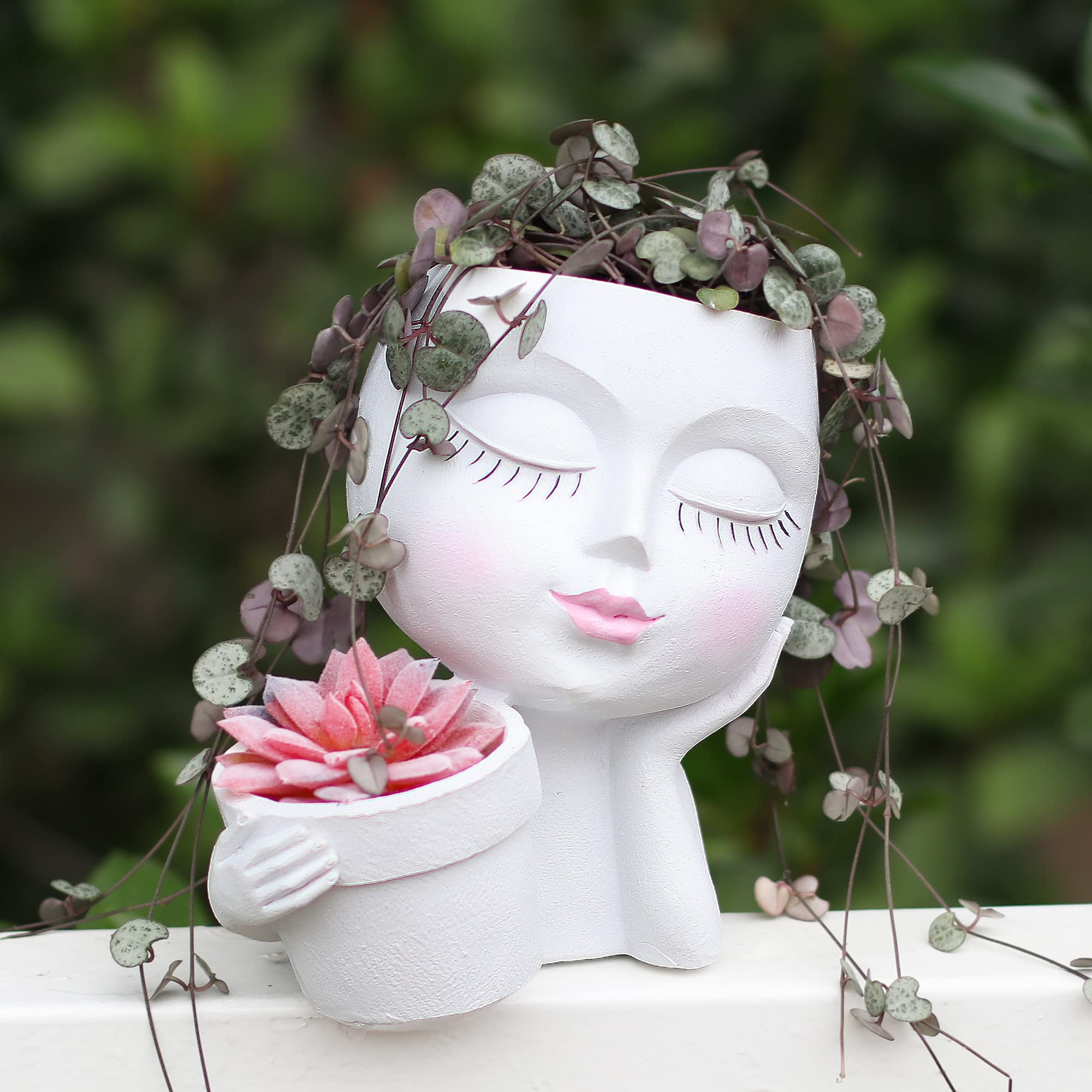 TIMCHASER Face Plant Pot, Double Flower Pots for Indoor Outdoor Plants, Resin Succulent Pots with Drainage Hole Unique Cute Lady Face Plant Pots Closed Eyes