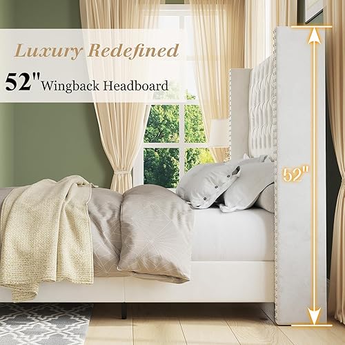 Miniatura 4 de Jocisland Base de cama tamaño Queen con cabecera de terciopelo acolchado con respaldo alado de 51.6" pulgadas, cama de plataforma tapizada moderna,