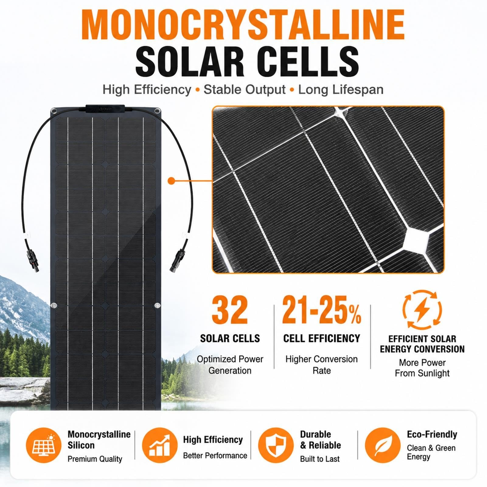 Panel Solar Portatil,100W Modulo Flexible Monocristalino para Camping