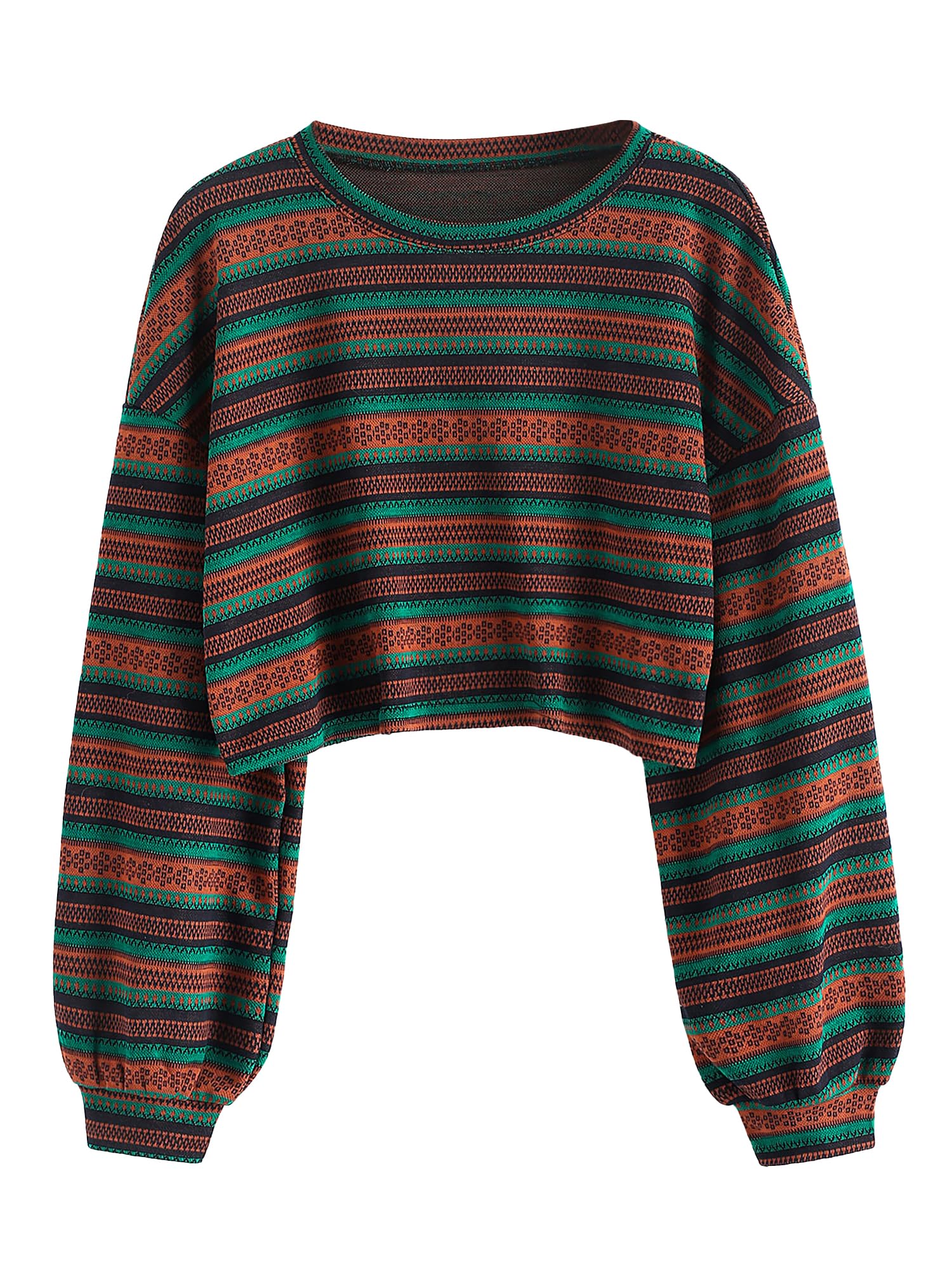 ZAFUL Womens Tribal Ethnic Graphic Cropped Knitwear Bohemian Long Sleeve Pullover Sweater Boho Drop Shoulder Knitted Top