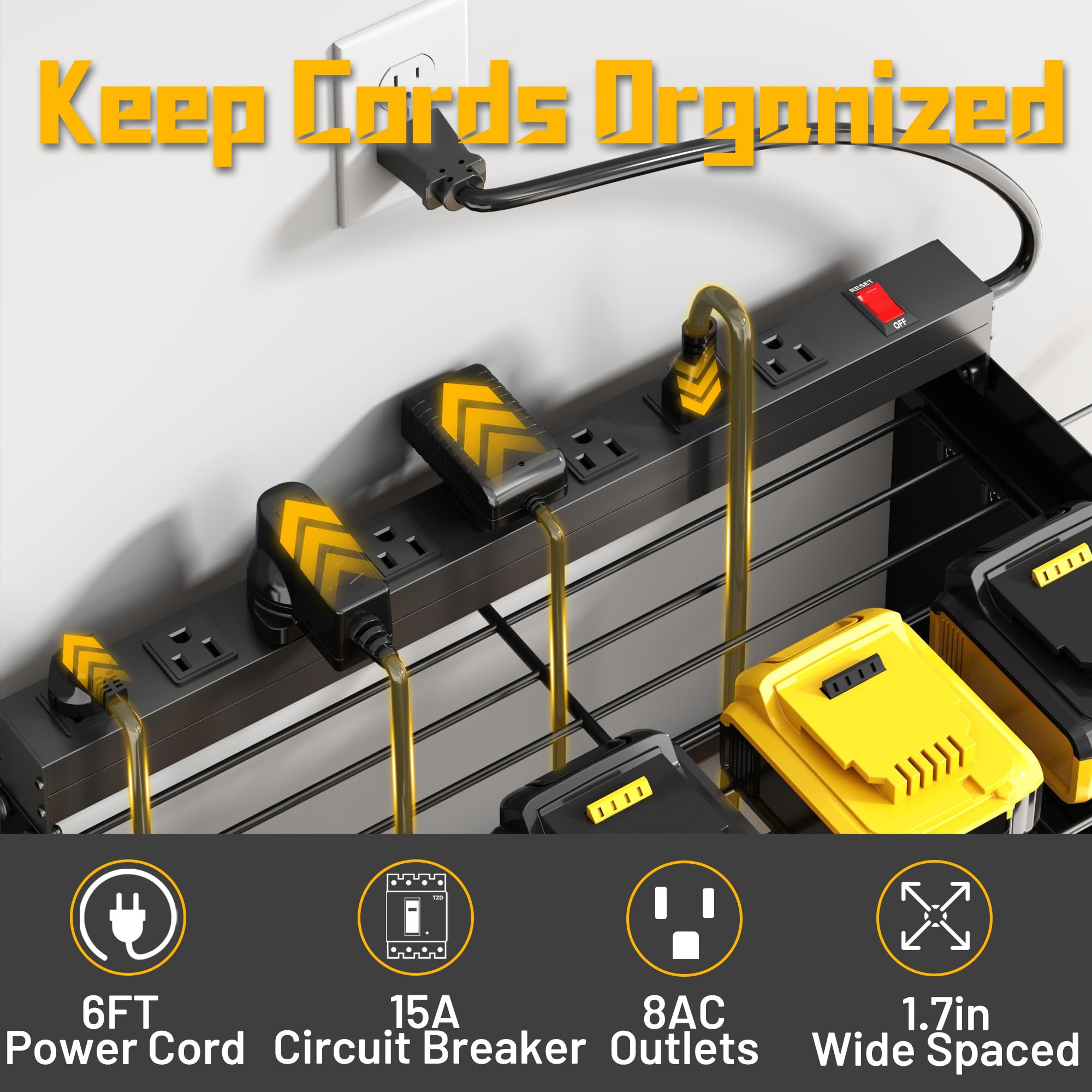 Support mural large pour outils électriques avec station de charge, 3 couches réglables et robustes avec multiprise à 8 prises pour outils sans fil, support utilitaire adapté pour garage (noir