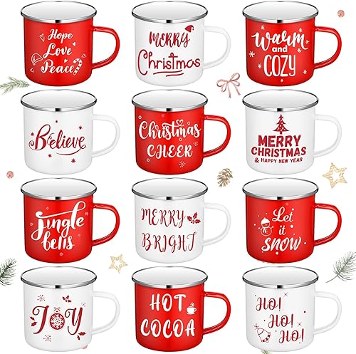 12 tazas de café de Navidad esmaltadas de invierno con citas de 12 onzas, tazas blancas y rojas, divertidas tazas de café de Navidad para mujeres,