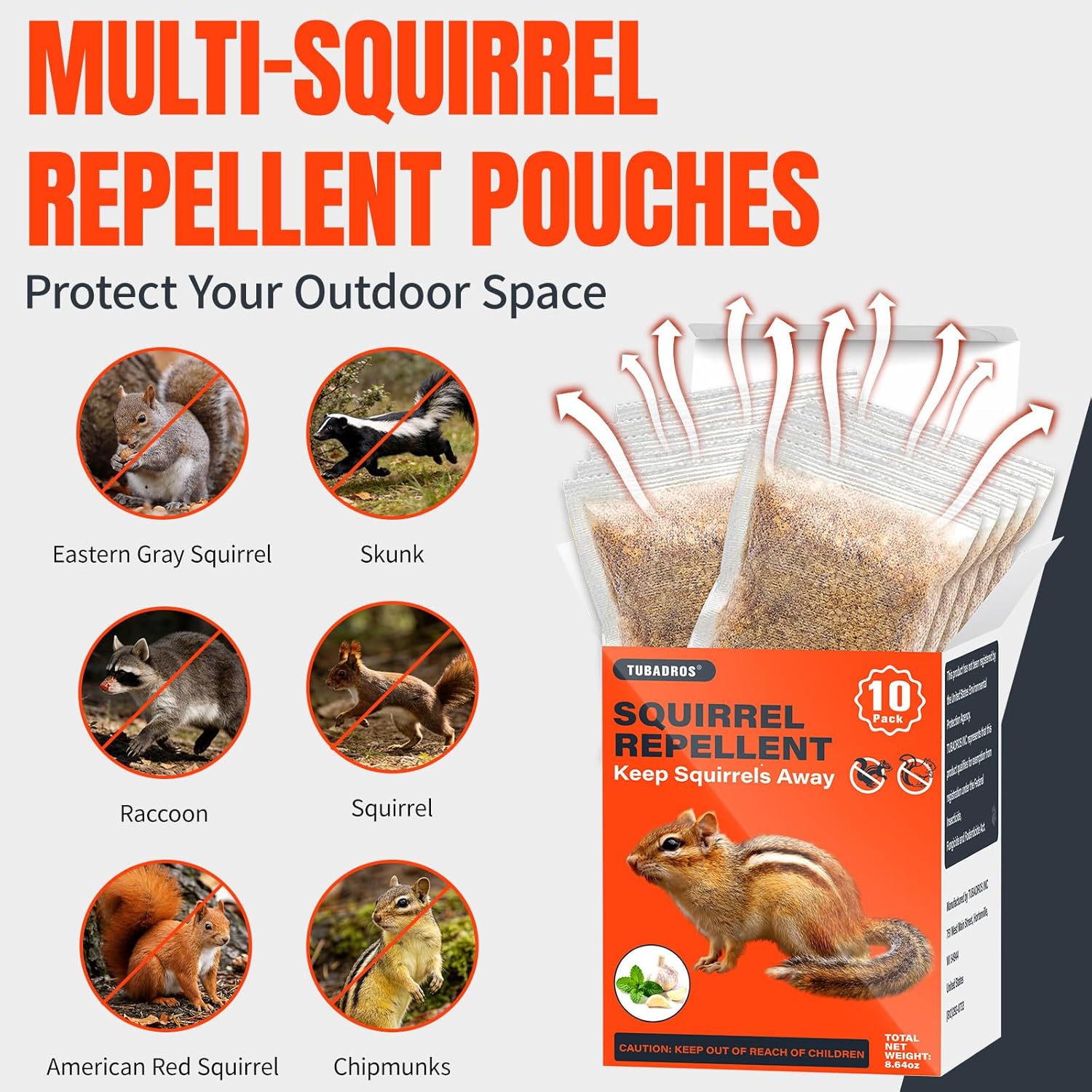 Squirrel Repellent Pouches 10 Pack, Natural Outdoor Deterrent with Peppermint, Garlic & Egg Extract, Safe for Homes with Pets & Kids (1 Count (Pack of 10))