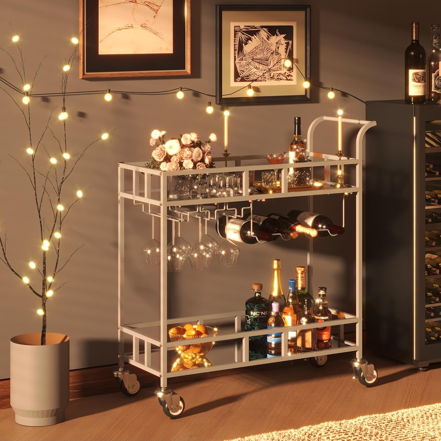 TrailBlaze Silver Mirrored 2-Tier Bar Cart with Wheels – Portable Beverage & Wine Serving Trolley, 4 Bottle Racks & 3 Glass Holders – Modern Metal Design for Home, Kitchen, Dining, Living Room