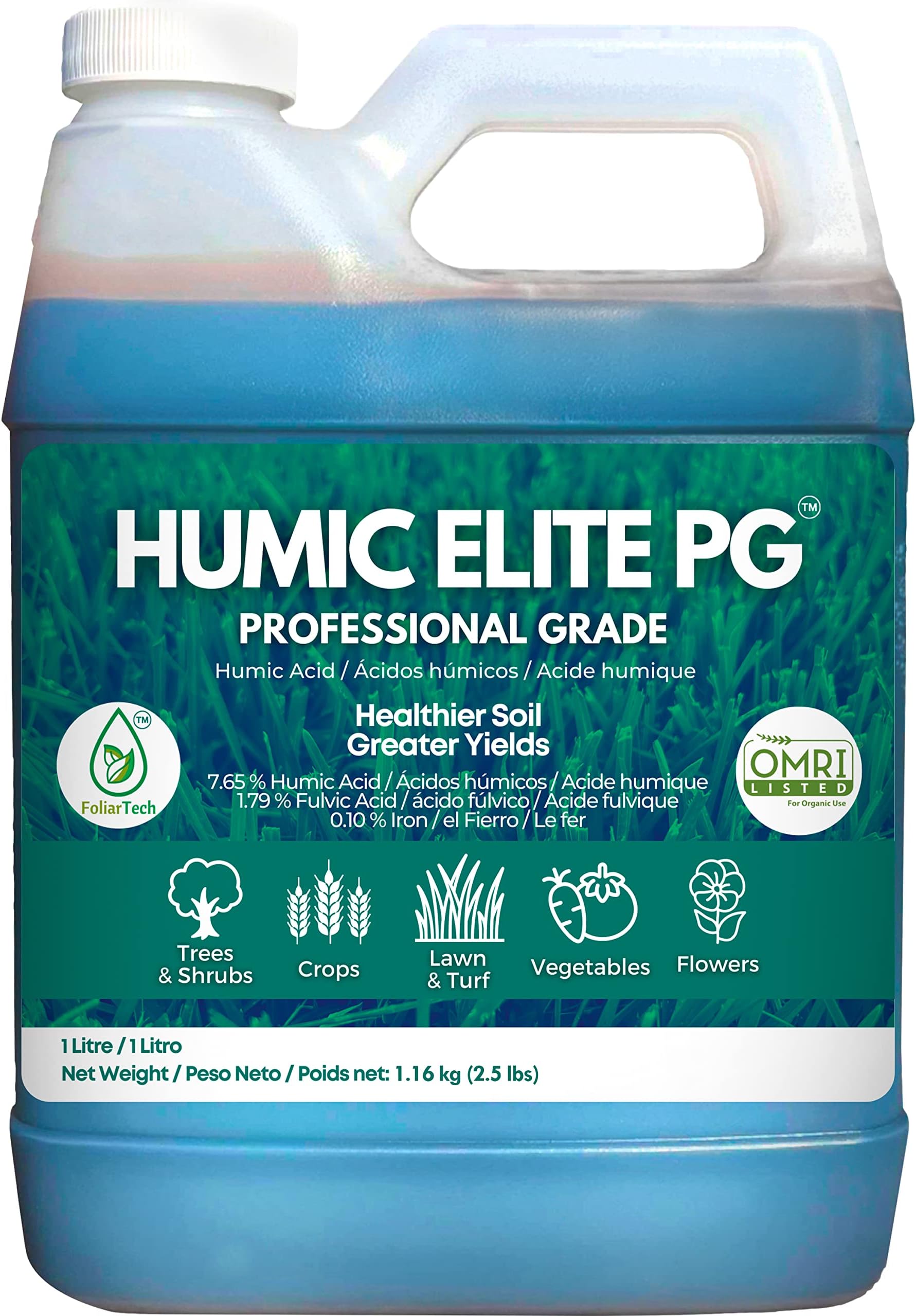 Humic Acid Organic Lawn Fertilizer - Fulvic Humic Mineral Blend for Trees, Shrubs, Ornamentals, Vegetables & Crops - Enhancer & Garden Soil Conditioner by FoliarTech, 34 OZ