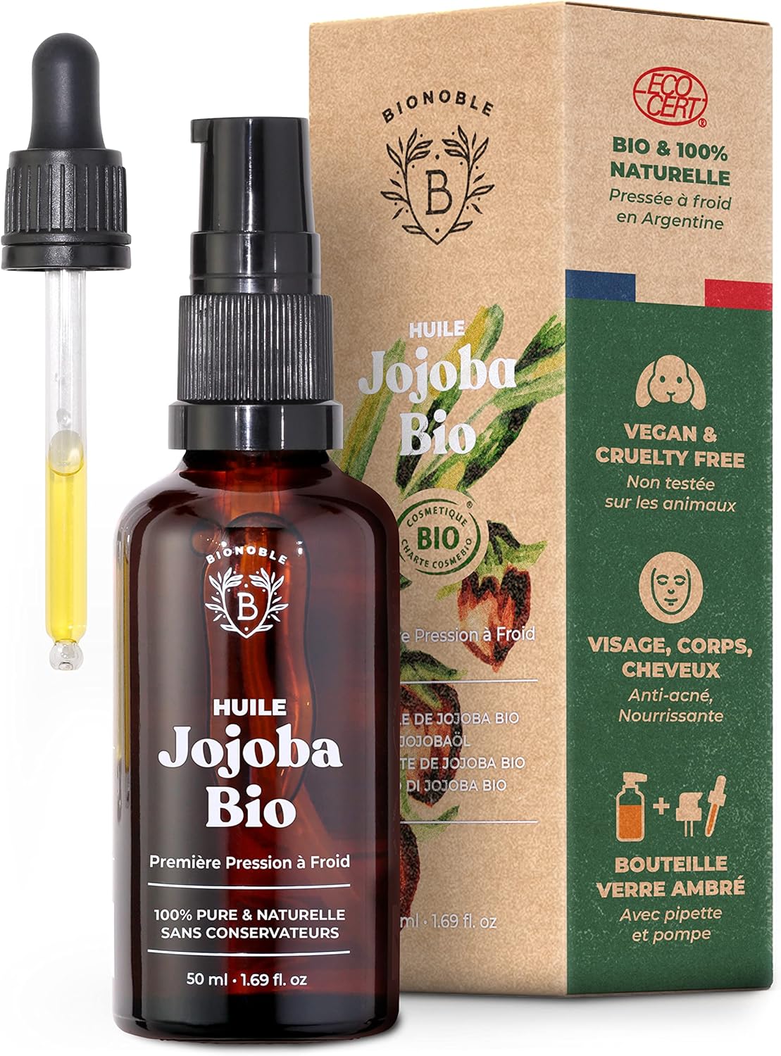 Bionoble Huile de Jojoba Bio 50ml + Pipette et Pompe – Bouteille en Verre – 100% Pure, Naturelle, Pressée à Froid – Huile de Jojoba pour Cheveux Visage Corps – Vegan Jojoba Oil, Huile Jojoba Bio