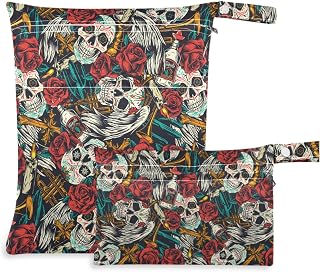 visesunny Sugar Skull Red Rose Day of Dead 2Pcs Wet Bag with Zippered Pockets Washable Reusable Roomy for Travel,Beach,Pool,Daycare,Stroller,Diapers,Dirty Gym Clothes, Wet Swimsuits, Toiletries