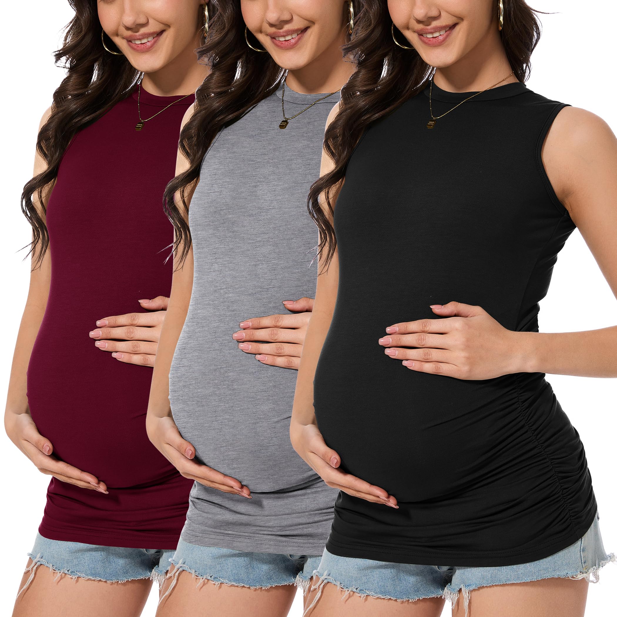 Smallshow Canottiera premaman da donna, girocollo, senza maniche, confezione da 3