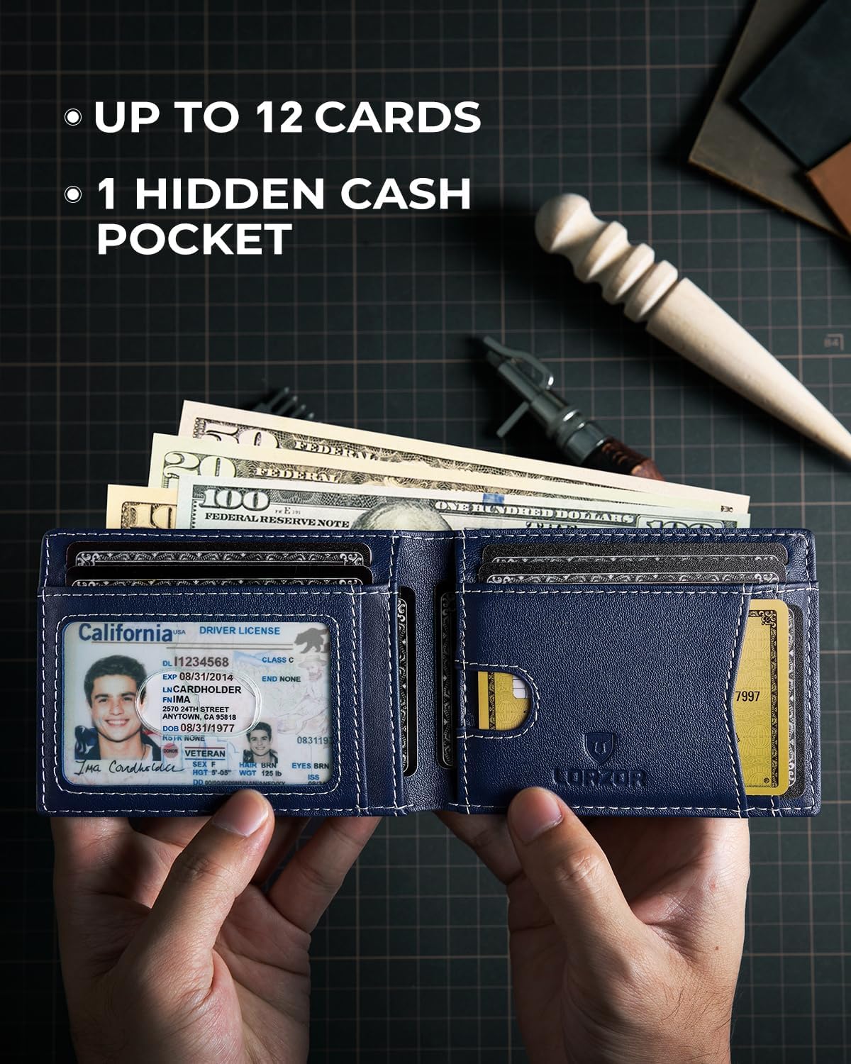 LORZOR Mens Wallet with AirTag Holder, Bifold Top Grain Leather Minimalist Front Pocket RFID Blocking AirTag Wallet with ID Window Gift for Men, up to 12 Cards - Image 3