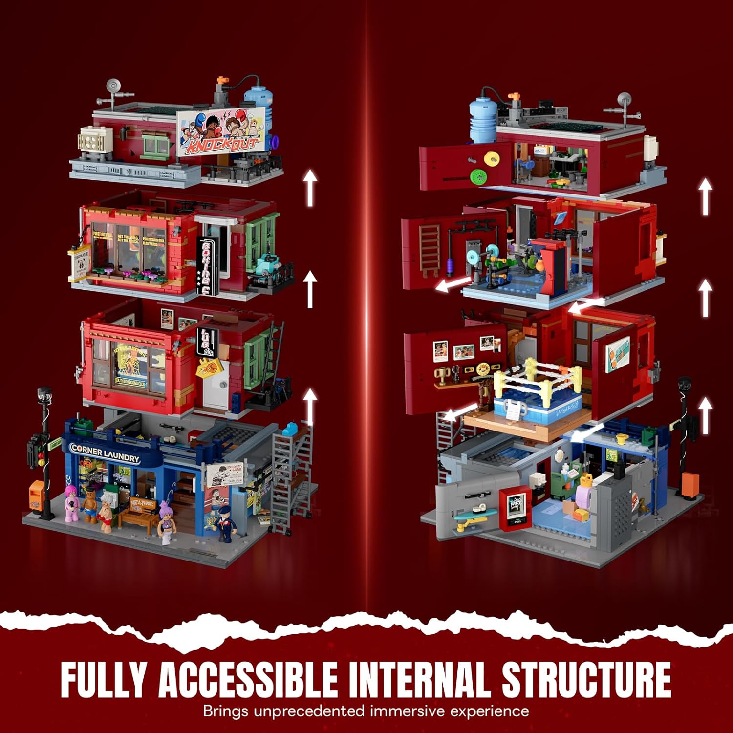 Street Fusion Boxing Club Lighting Building Bricks Set - City Town Modular Playset Collection Display kit with Minifigures 3036 Pcs for Adults & Teens & Life Enthusiasts