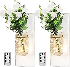 Shinowa Mason Jar Wall Sconce, 2 Packs Rustic Home Decor with Remote Control LED Strip Lights and White Rose Eucalyptus Hanging Mason Jars for Farmhouse Kitchen Living Room House Decorations Lights