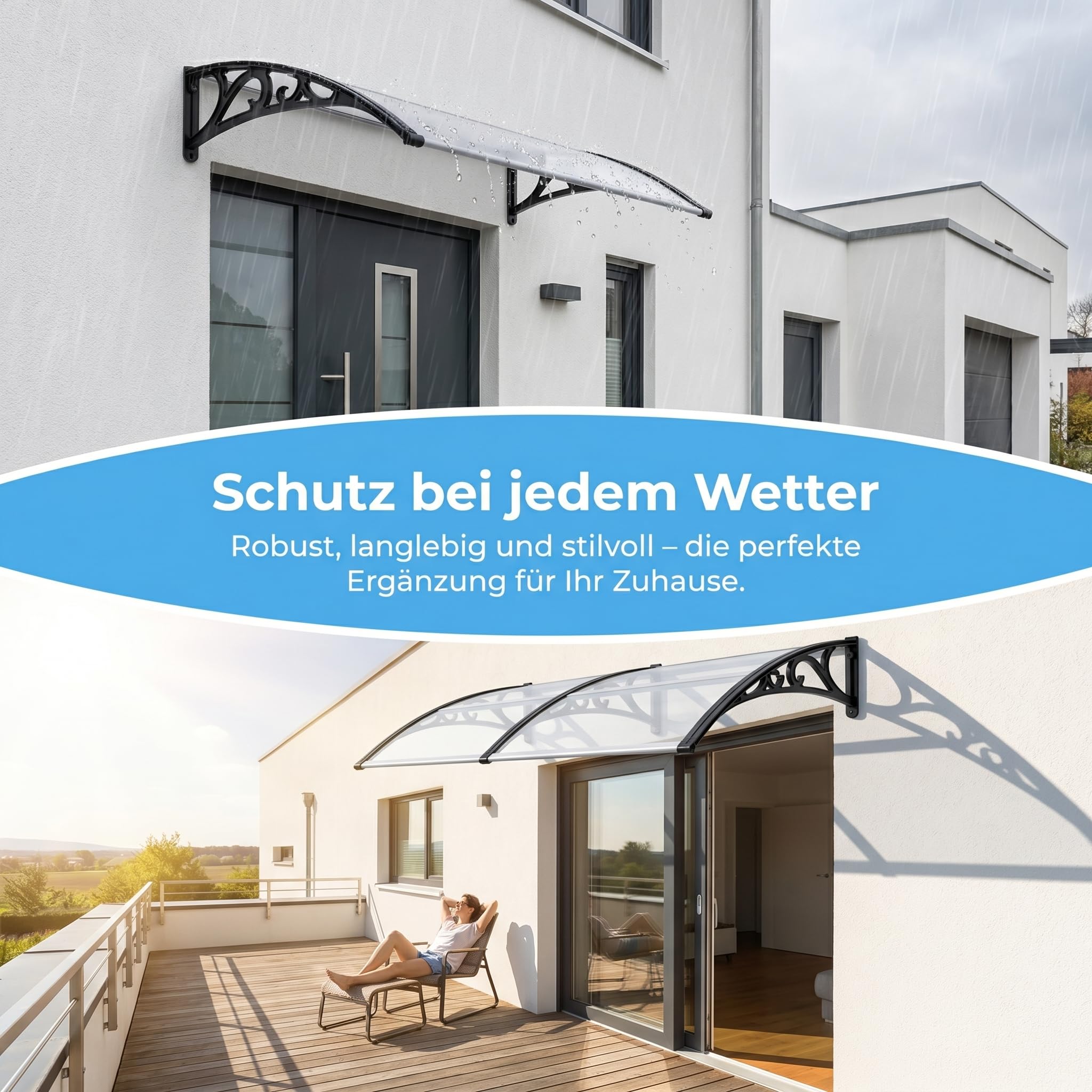 Vordach für Haustür 100x120 cm, Pultbogenvordach aus Transparentem Polycarbonat 5.2 mm mit Aluminiumrahmen, Türdach außen Wetterfest, Regen- Schnee- und UV-Schutz