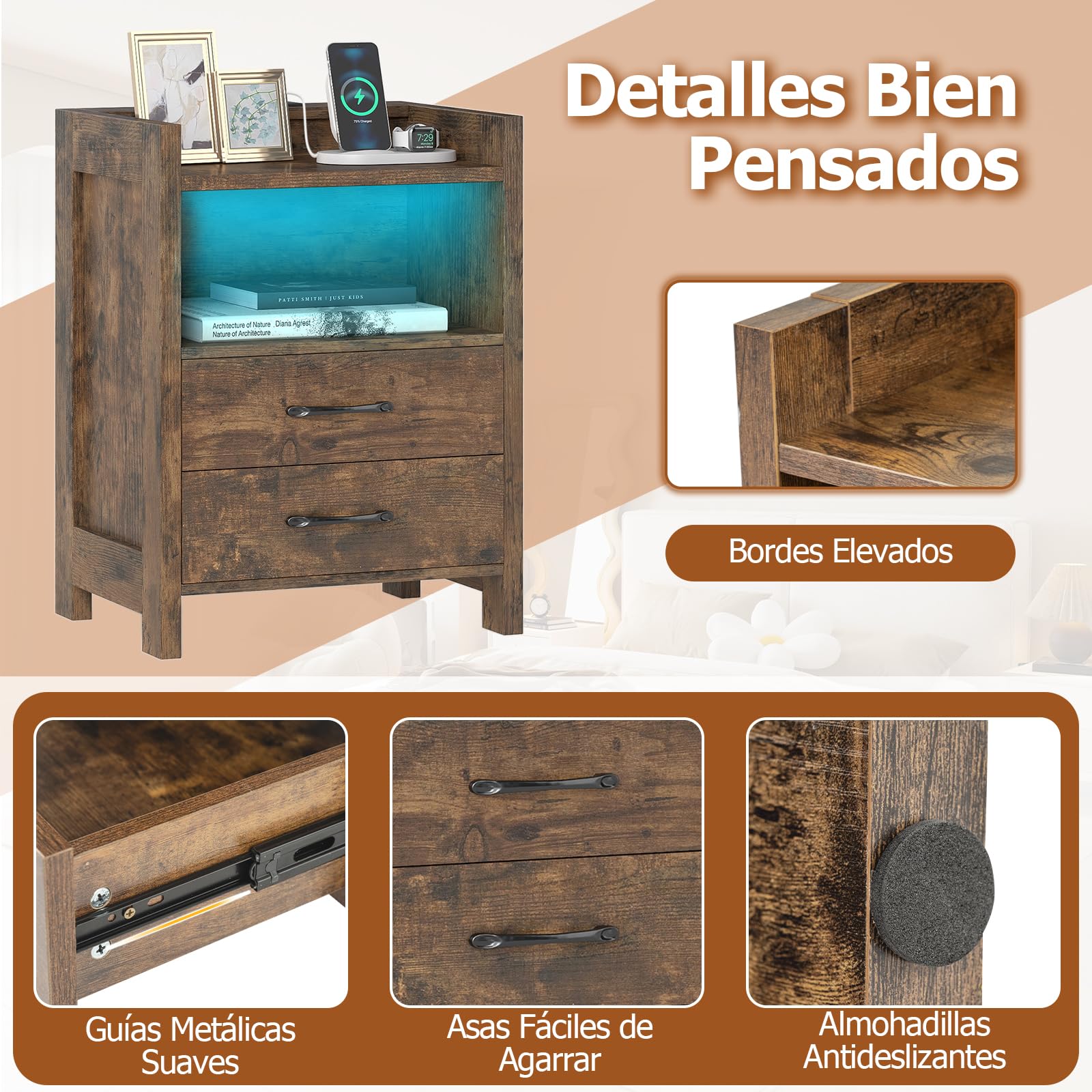 COSTWAY 1/2 Mesita de Noche con Luces LED RGB y Enchufes, Mesillas de Noche con 2 Cajones y Estante Abierto, Mesa Auxiliar Madera Inteligente Sofá Salon Dormitorio, 45 x 35 x 60 cm (2, café)
