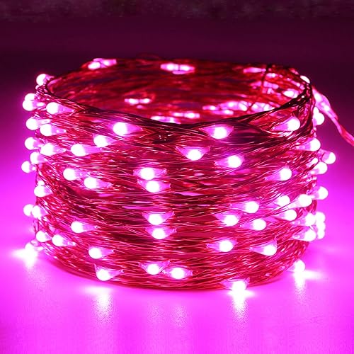 Miniatura 2 de RUICHEN Guirnalda de luces de alambre de cobre enchufable de 33 pies, 100 luces LED con carrete, color rosa