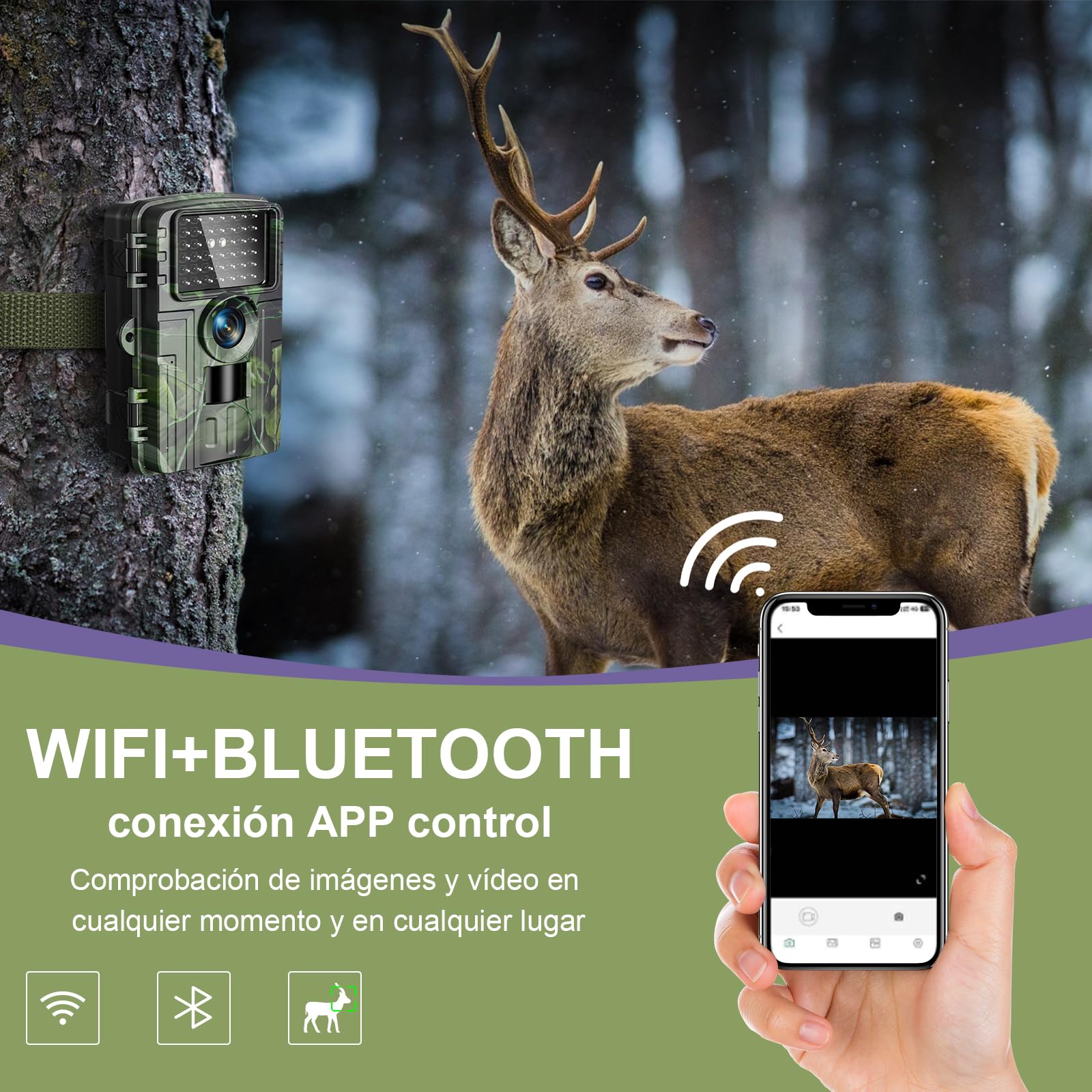 Lutranstra Cámara de Caza Silvestre Cámara de rastreo 4K 60MP con Control de aplicación Visión Nocturna Cámara de Caza activada por Movimiento IP66 Impermeable Tiempo de Disparo 0.1s