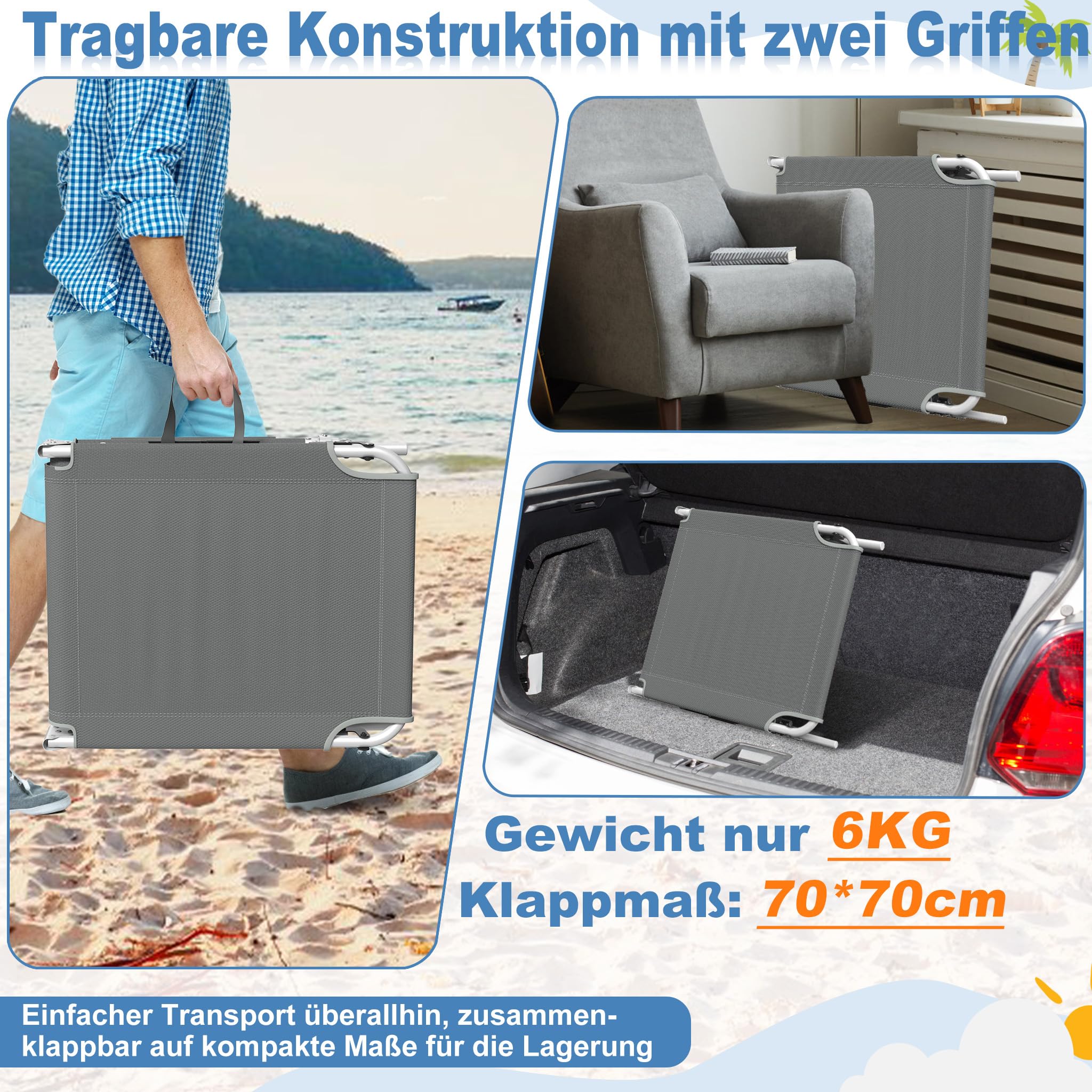 Froadp Sonnenliege Klappbar mit Dach Gartenliege Liegestuhl mit Verstellbarer Rückenlehne Kopfkissen Seitentasche Strandliege für Garten Balkon Strand Terrasse (1 Stück, Anthrazit)