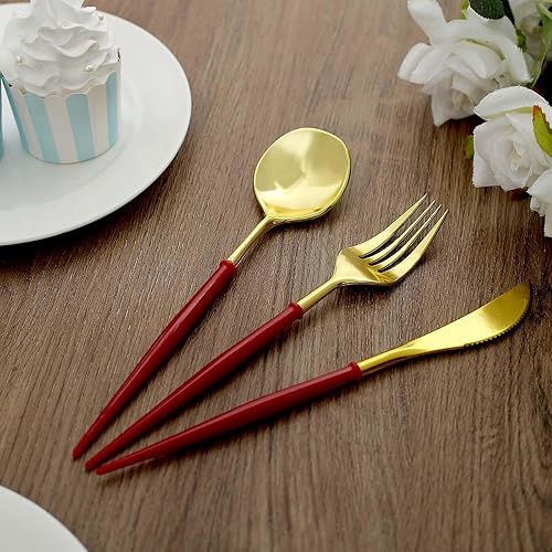 Vista 9 de Efavormart - Juego de cubiertos de plástico resistente de 8 pulgadas, cubiertos de plástico con mango rojo Dorado/Rojo