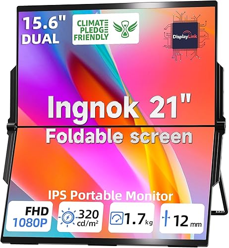 Monitor de computadora doble plegable, extensor de pantalla para laptop IPS FHD de 15.6 pulgadas con plegable de 180 y 4 altavoces, puertos Mini