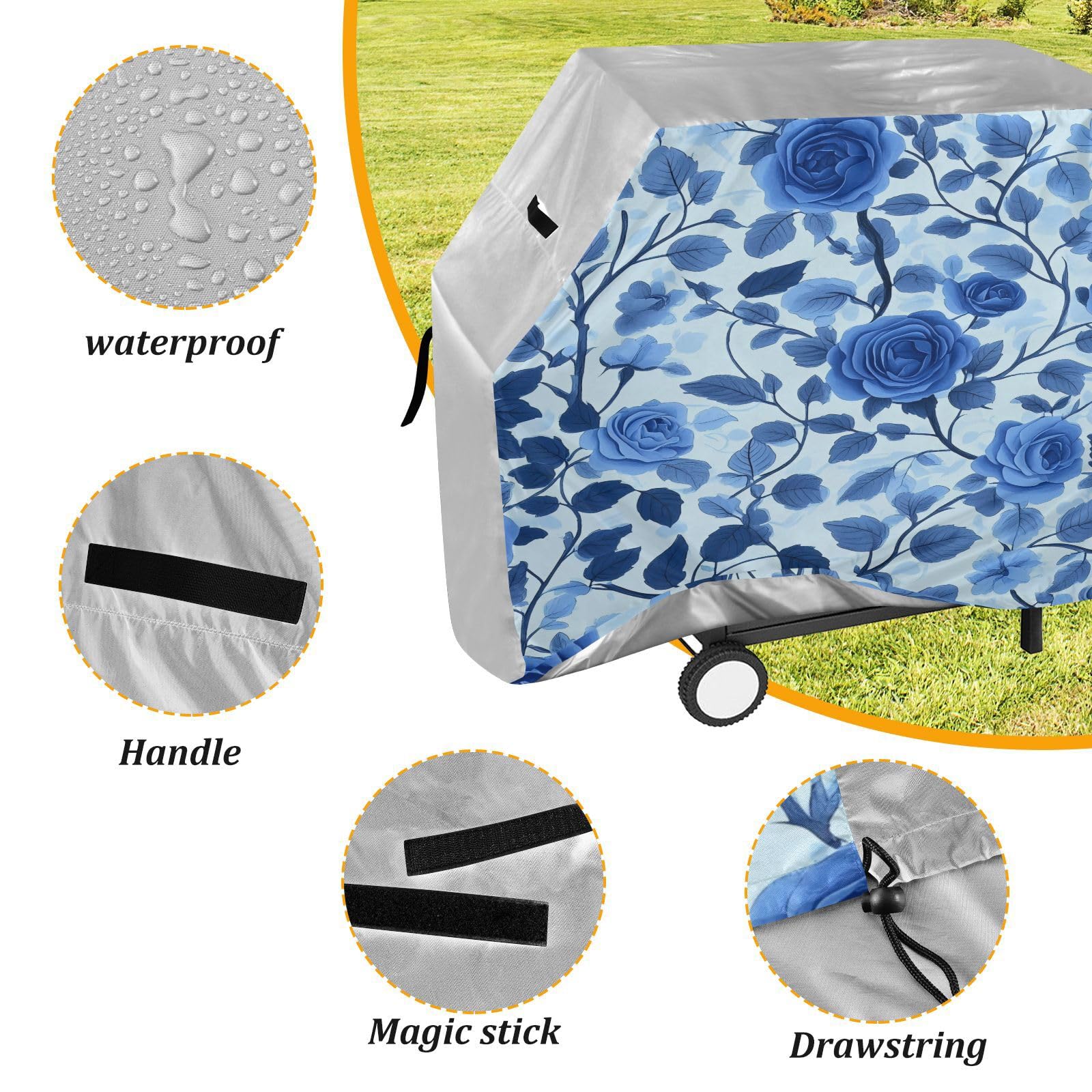 Copertura per barbecue da 165 cm, resistente alla neve, per barbecue all'aperto, con rose blu scuro