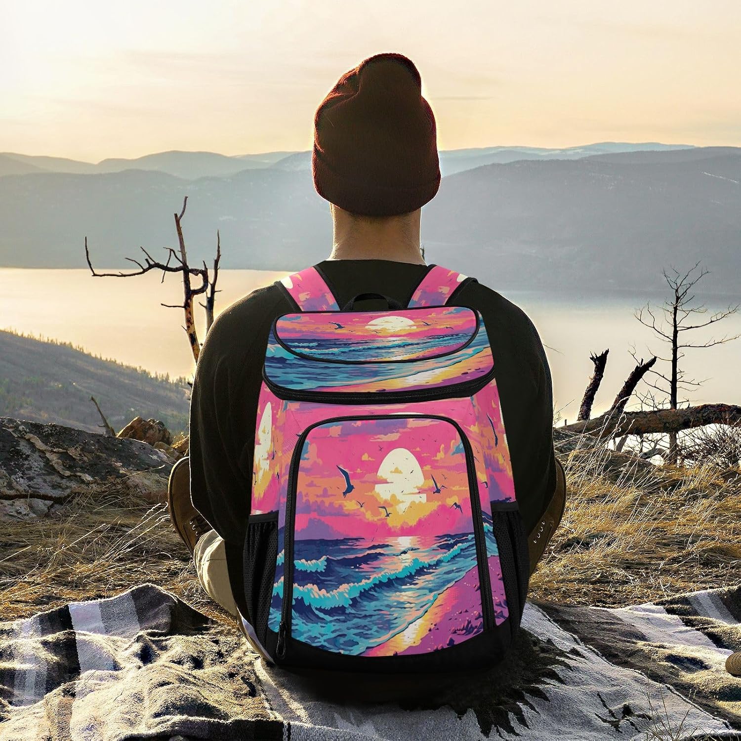 Beautiful Beach with Birds Cooler Backpack 36 Cans Leakproof Waterproof Backpack Cooler Bag Beach Accessories for Women and Men Travel Camping Fishing Backpack