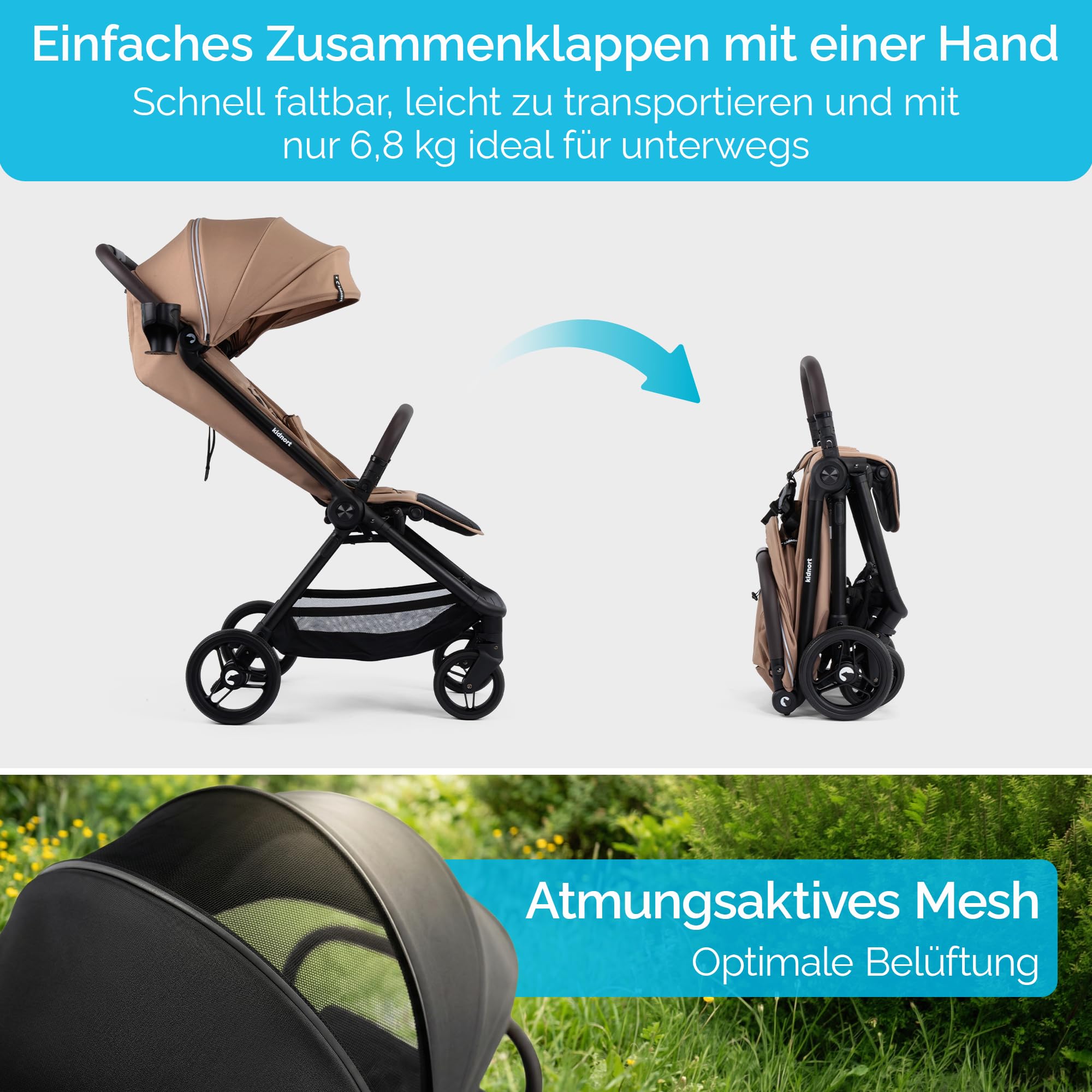 Snøugle Passeggino Leggero da Viaggio Pieghevole con una Mano fino a 22 kg Schienale Reclinabile Ruote Ammortizzate Cintura a 5 Punti Cappottina Estensibile Accessori Inclusi Beige