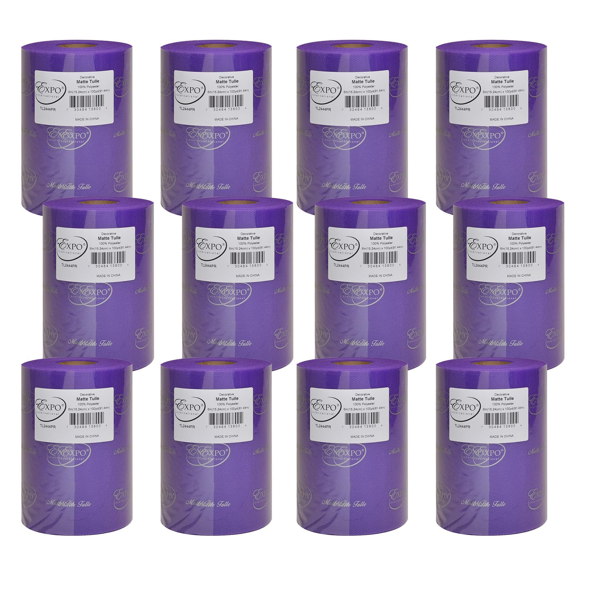 Expo International Decorative Matte Tulle, Roll/Spool of 6” X 100 Yards, Lightweight Polyester Tulle Fabric for Tutus, Costumes, and Party Decorations, Washable, Easy-to-Use, Pack of 12, Purple
