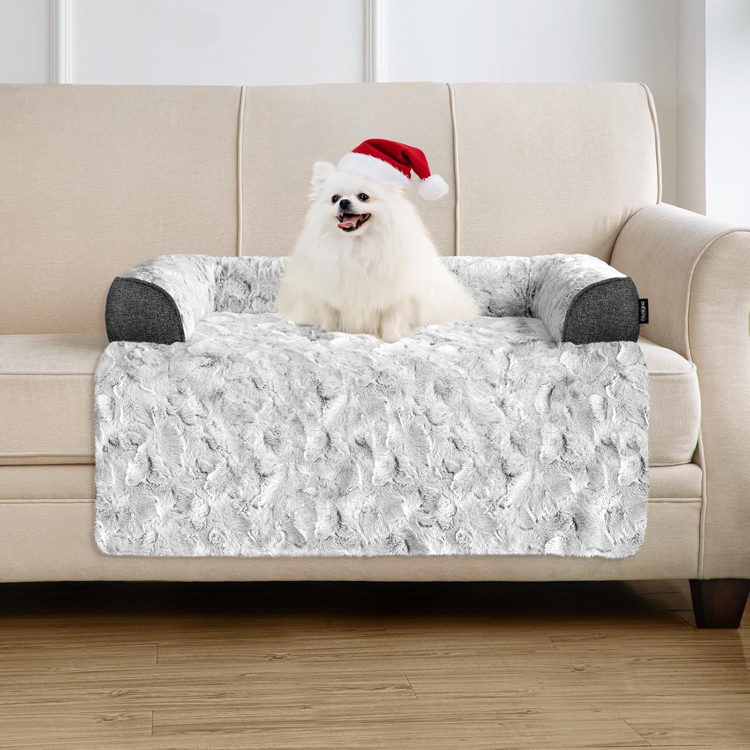 Calming Small Dog Bed for Couch, 35 x 31 inch Removable Couch Cover for Dogs Washable, Non-Slip Fluffy Plush Dog Sofa Mat for Furniture Protector – Grey